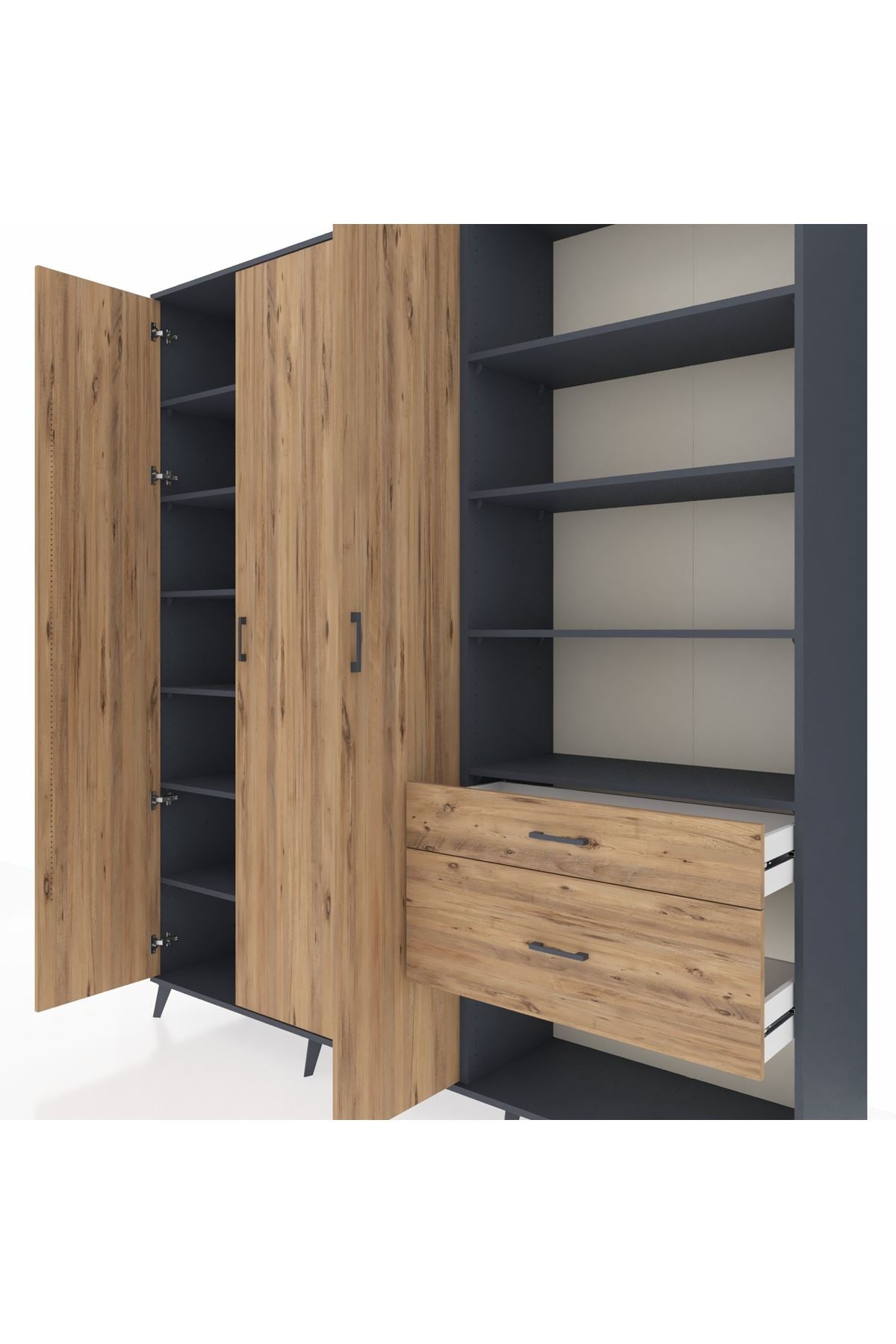 Hyperion Dolap 16 Raflı 2 Çekmeceli 3 Kapaklı 220x44x243 Antrasit-Çam/Çam