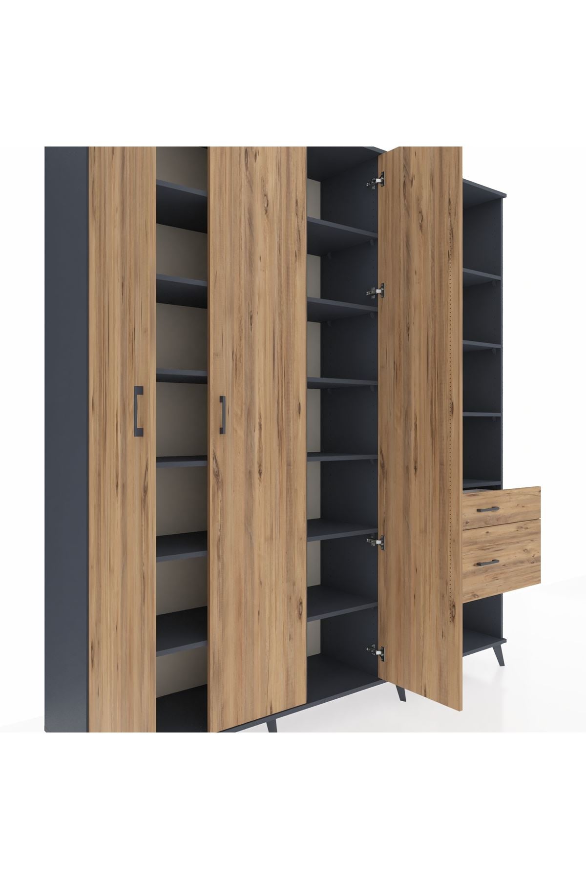 Hyperion Dolap 16 Raflı 2 Çekmeceli 3 Kapaklı 220x44x243 Antrasit-Çam/Çam