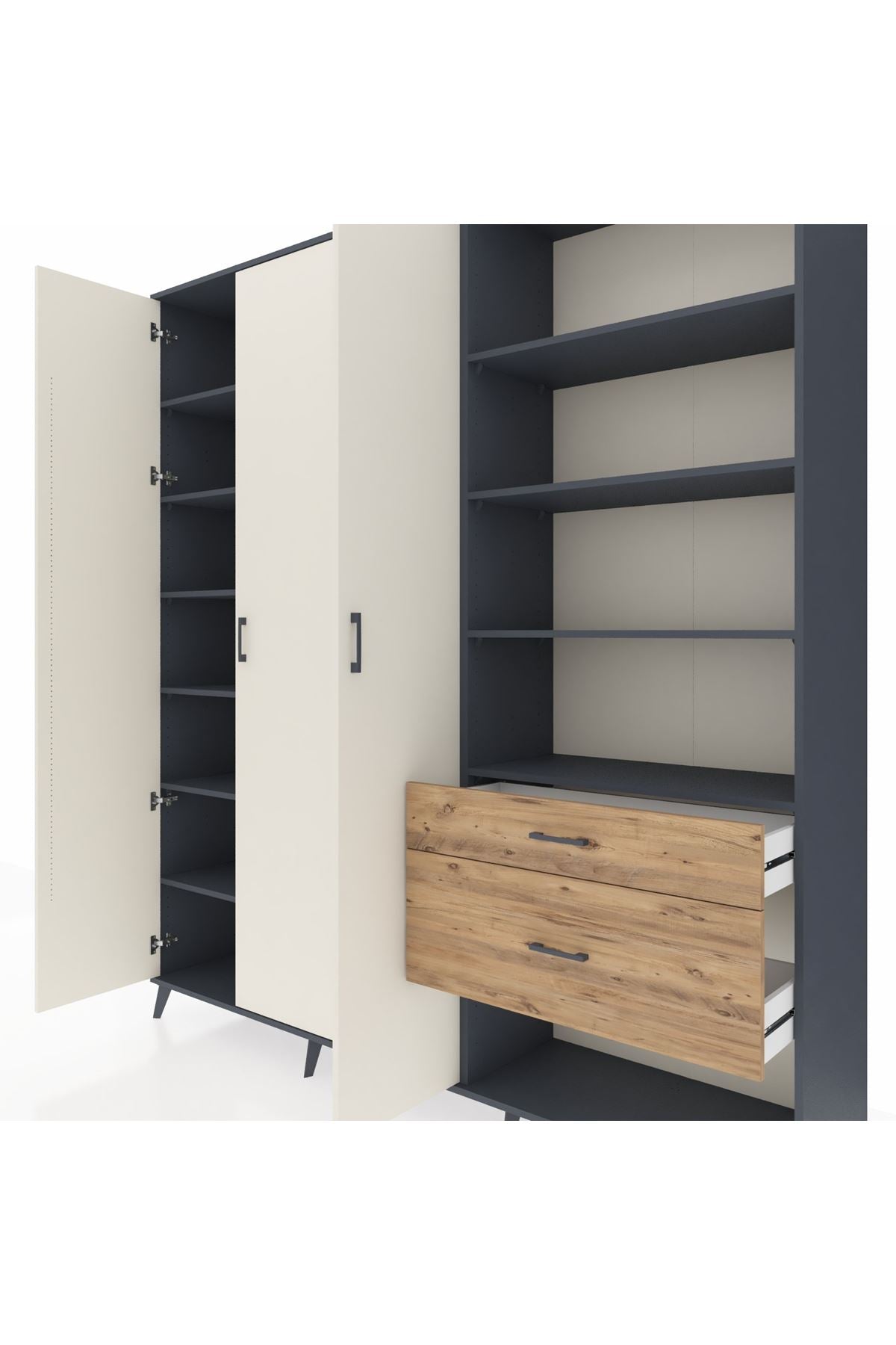 Hyperion Dolap 16 Raflı 2 Çekmeceli 3 Kapaklı 220x44x243 Antrasit-Aytaşı/Çam