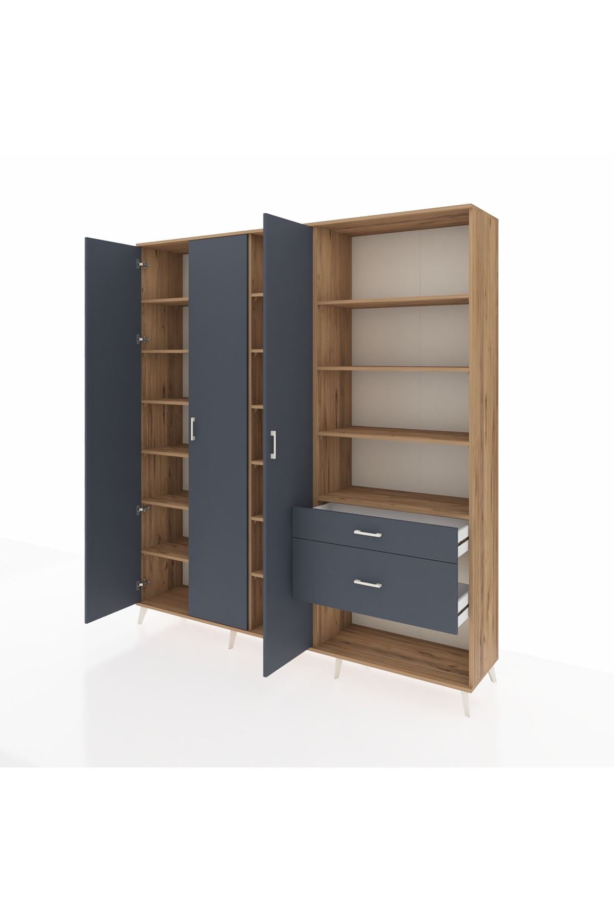 Hyperion Dolap 16 Raflı 2 Çekmeceli 3 Kapaklı 220x44x243 Çam-Antrasit/Antrasit