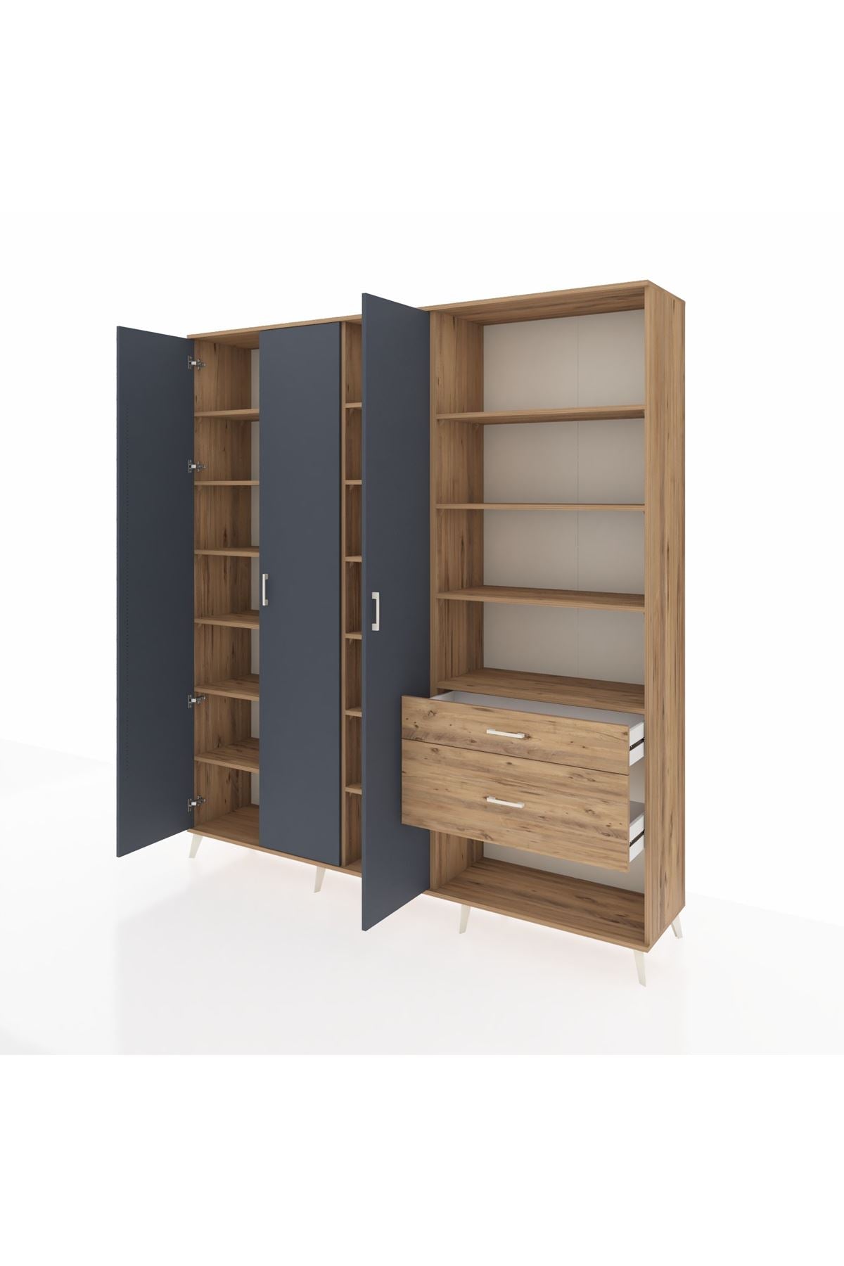 Hyperion Dolap 16 Raflı 2 Çekmeceli 3 Kapaklı 220x44x243 Çam-Antrasit/Çam