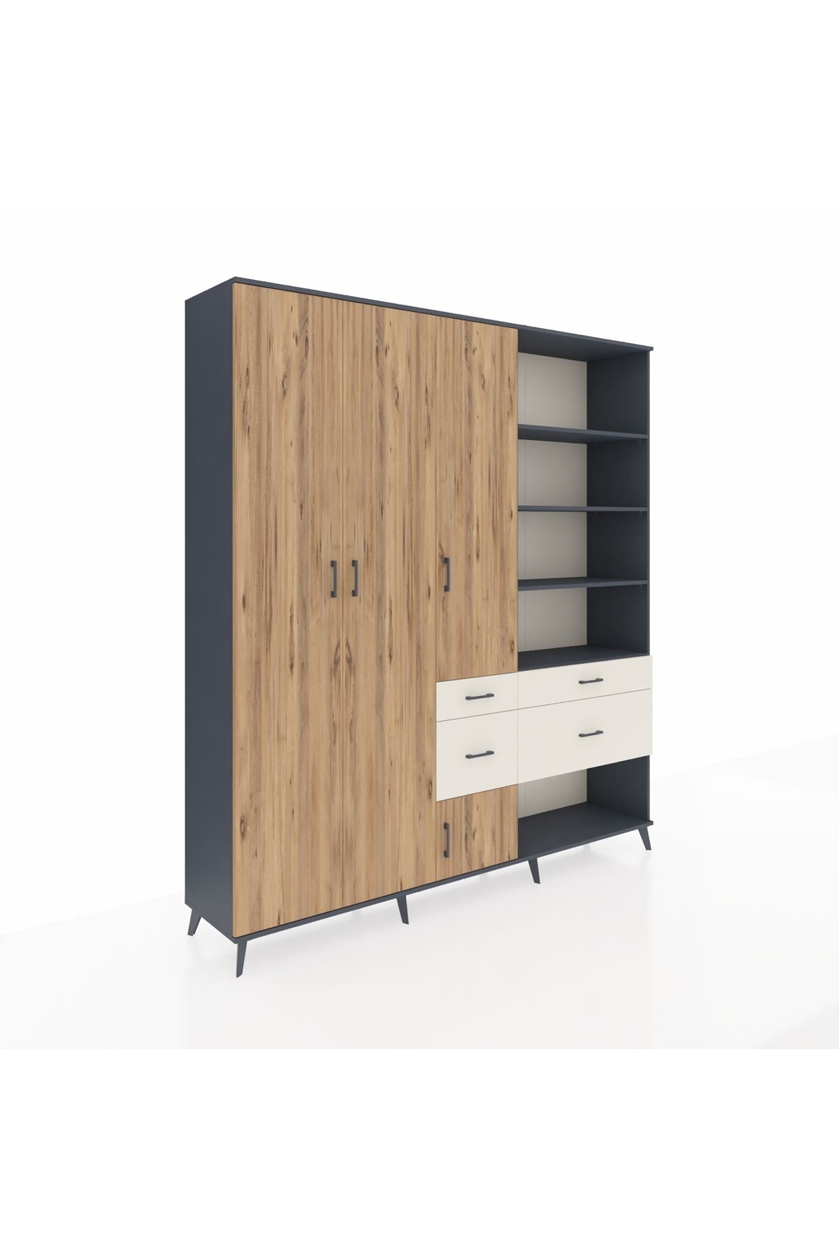 Hyperion Dolap 14 Raflı 4 Çekmeceli 4 Kapaklı 220x44x243 Antrasit-Çam/Aytaşı