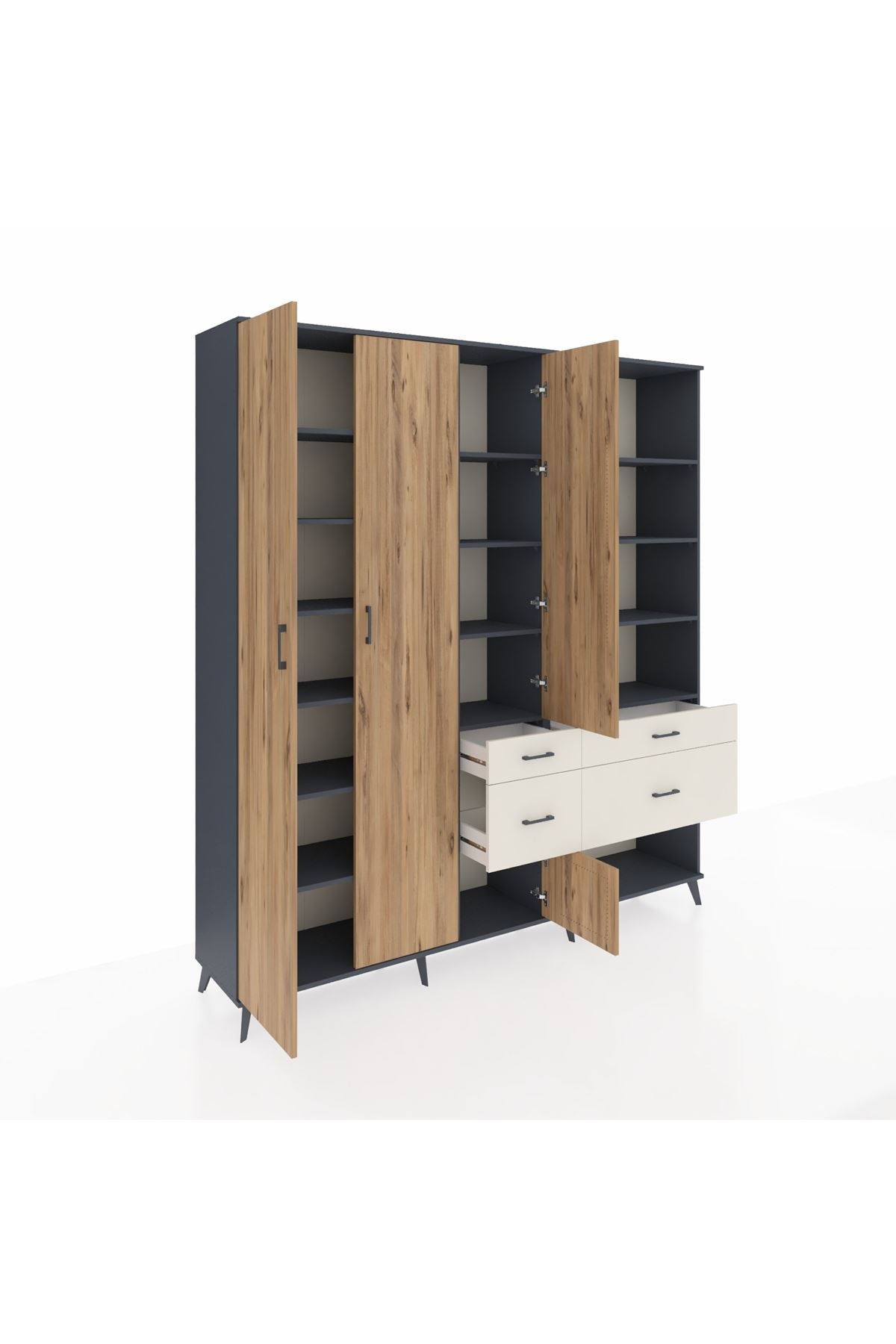 Hyperion Dolap 14 Raflı 4 Çekmeceli 4 Kapaklı 220x44x243 Antrasit-Çam/Aytaşı