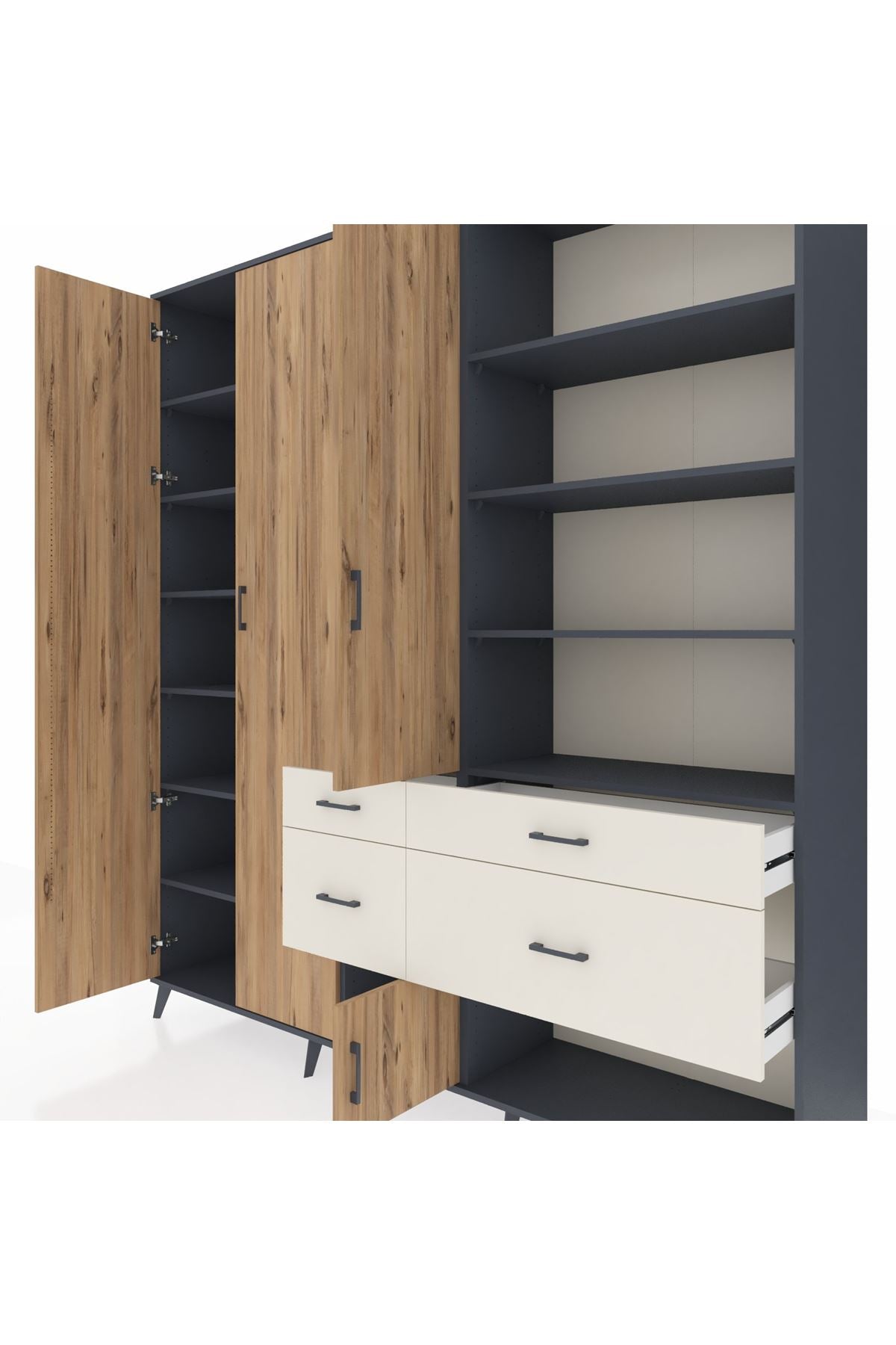 Hyperion Dolap 14 Raflı 4 Çekmeceli 4 Kapaklı 220x44x243 Antrasit-Çam/Aytaşı