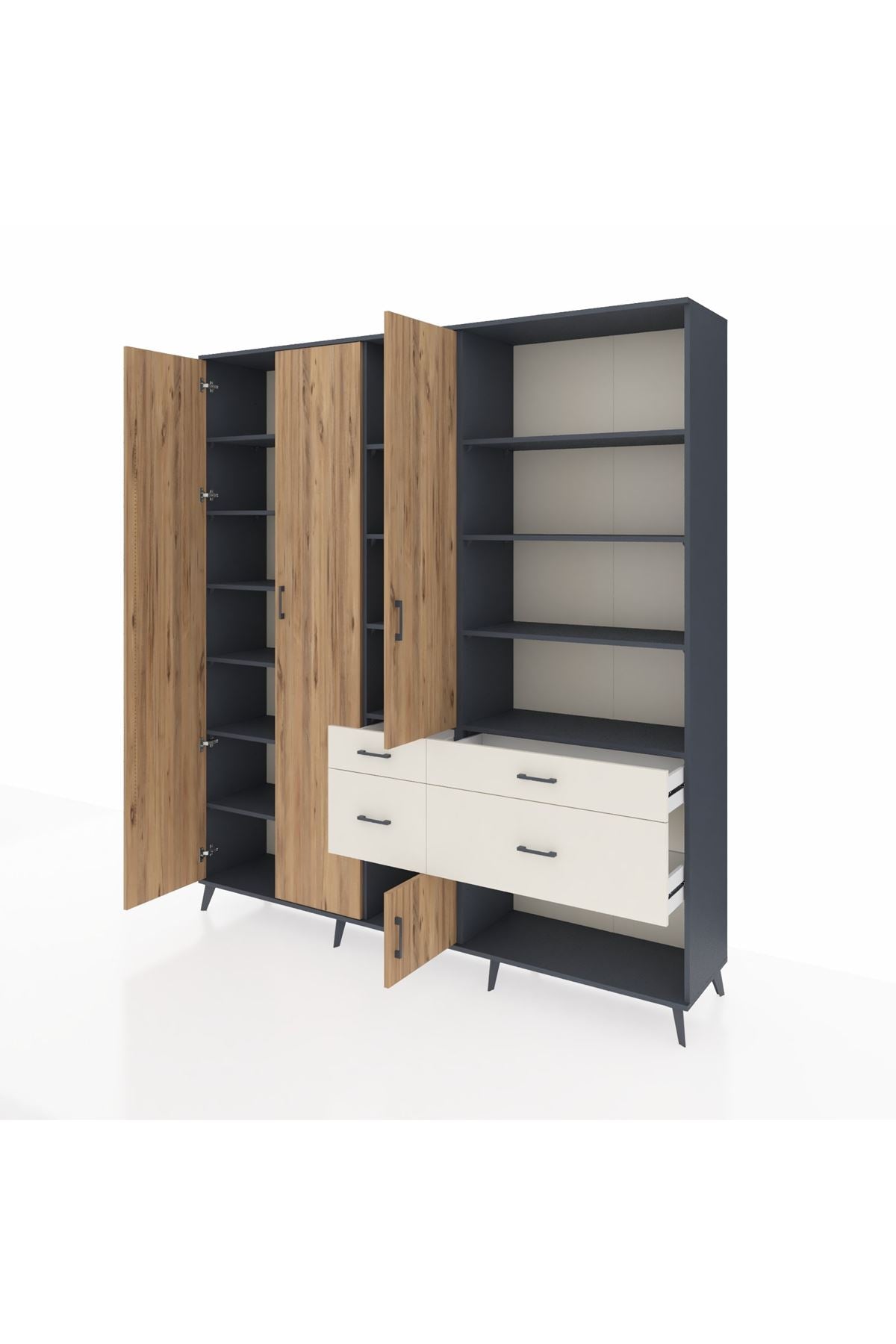 Hyperion Dolap 14 Raflı 4 Çekmeceli 4 Kapaklı 220x44x243 Antrasit-Çam/Aytaşı