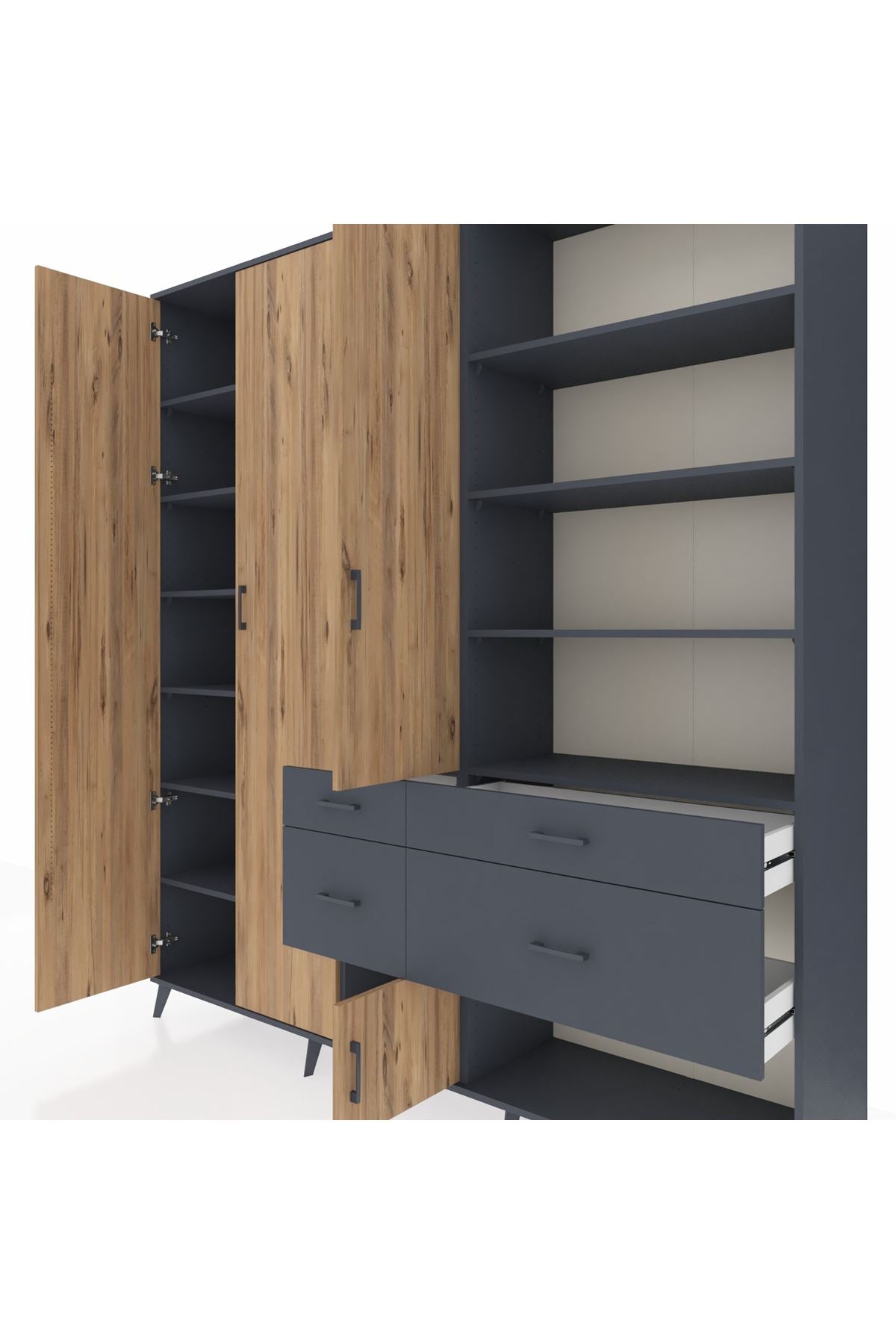 Hyperion Dolap 14 Raflı 4 Çekmeceli 4 Kapaklı 220x44x243 Antrasit-Çam/Antrasit