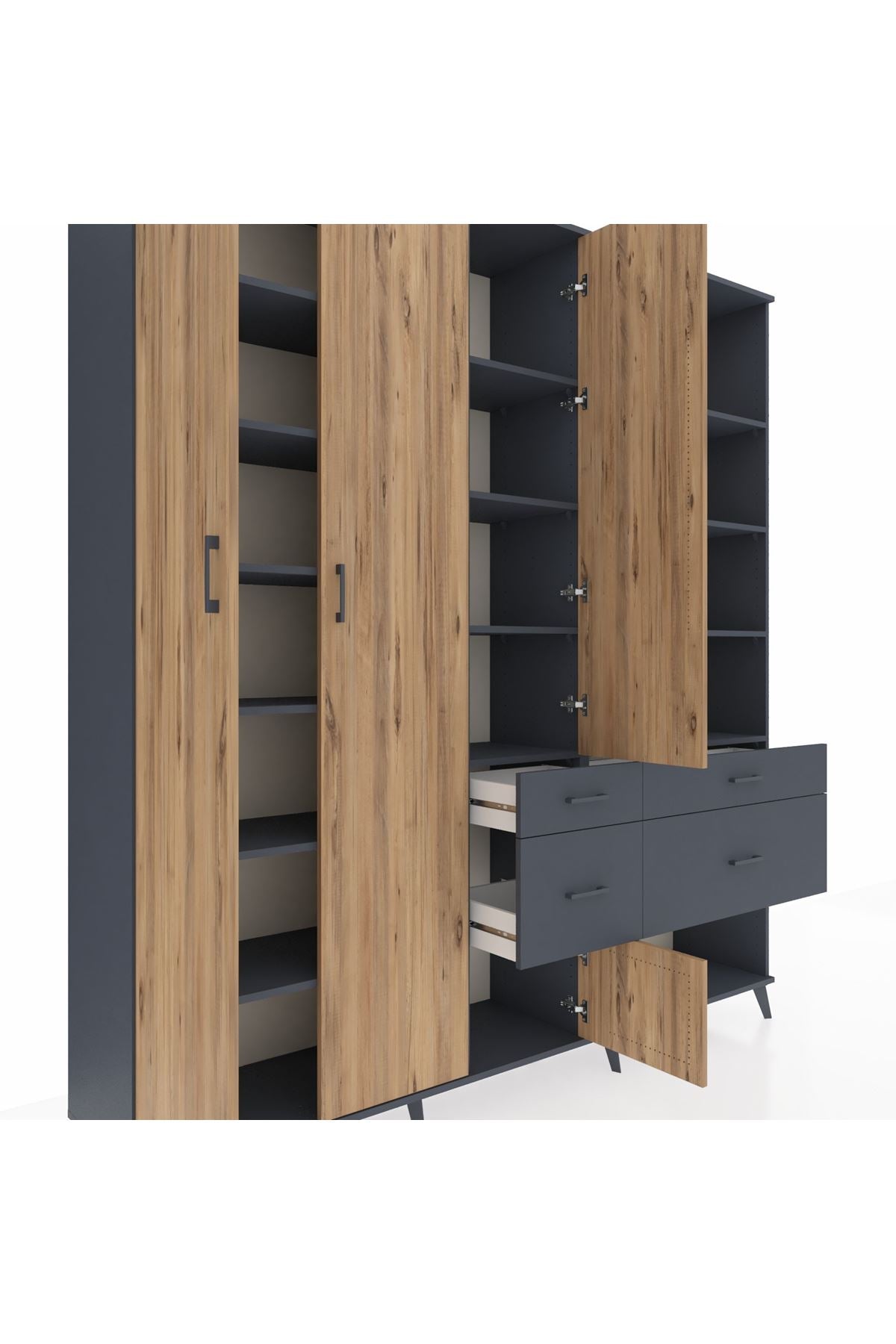 Hyperion Dolap 14 Raflı 4 Çekmeceli 4 Kapaklı 220x44x243 Antrasit-Çam/Antrasit