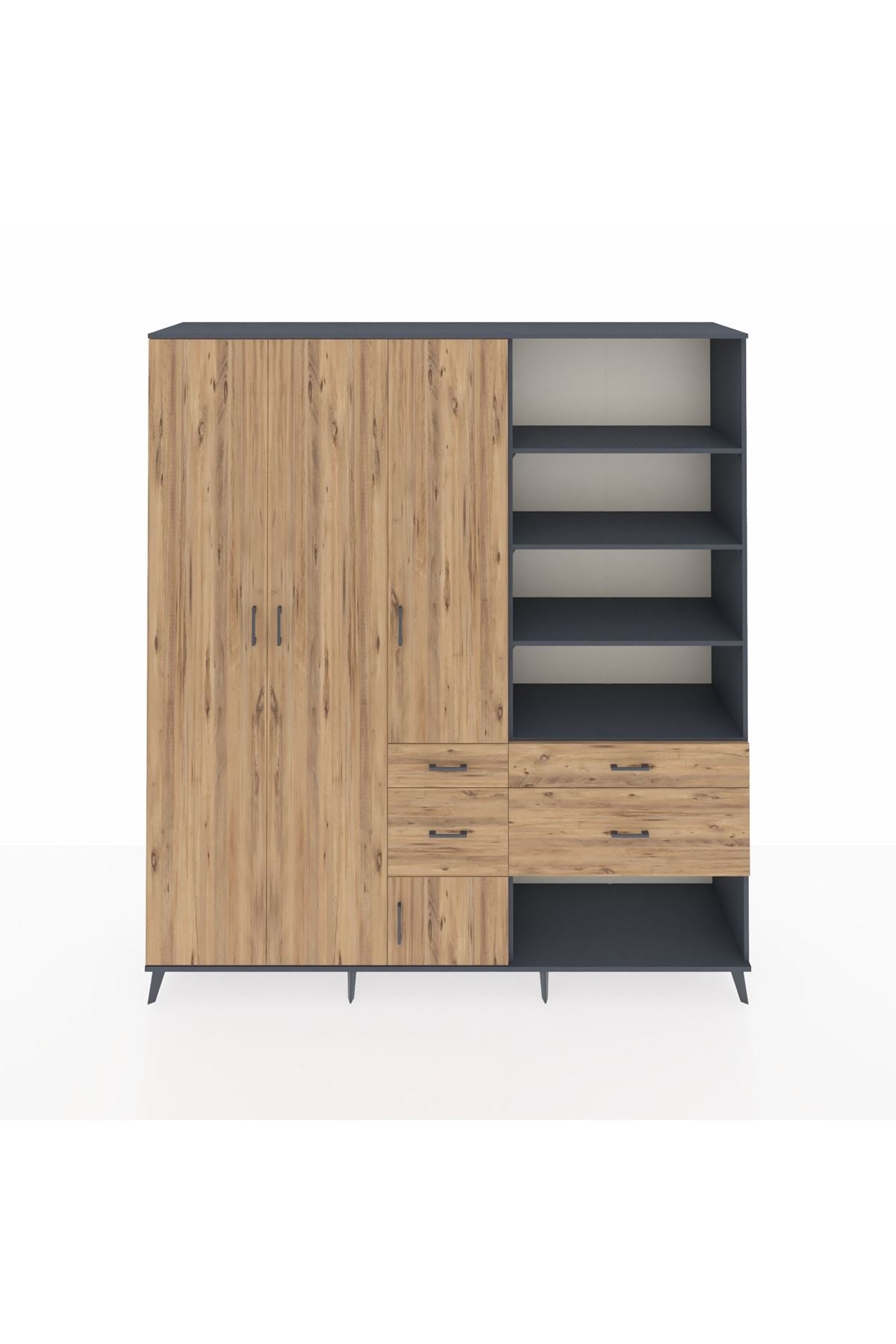 Hyperion Dolap 14 Raflı 4 Çekmeceli 4 Kapaklı 220x44x243 Antrasit-Çam/Çam