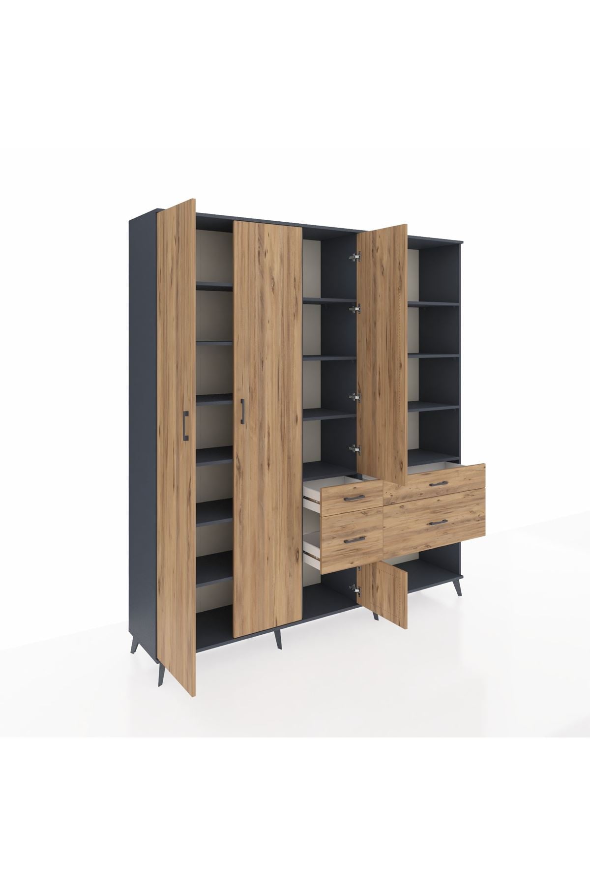 Hyperion Dolap 14 Raflı 4 Çekmeceli 4 Kapaklı 220x44x243 Antrasit-Çam/Çam