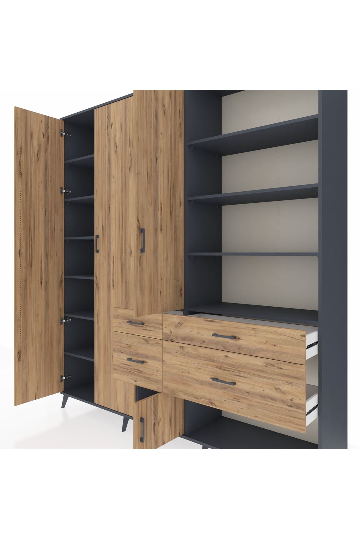 Hyperion Dolap 14 Raflı 4 Çekmeceli 4 Kapaklı 220x44x243 Antrasit-Çam/Çam