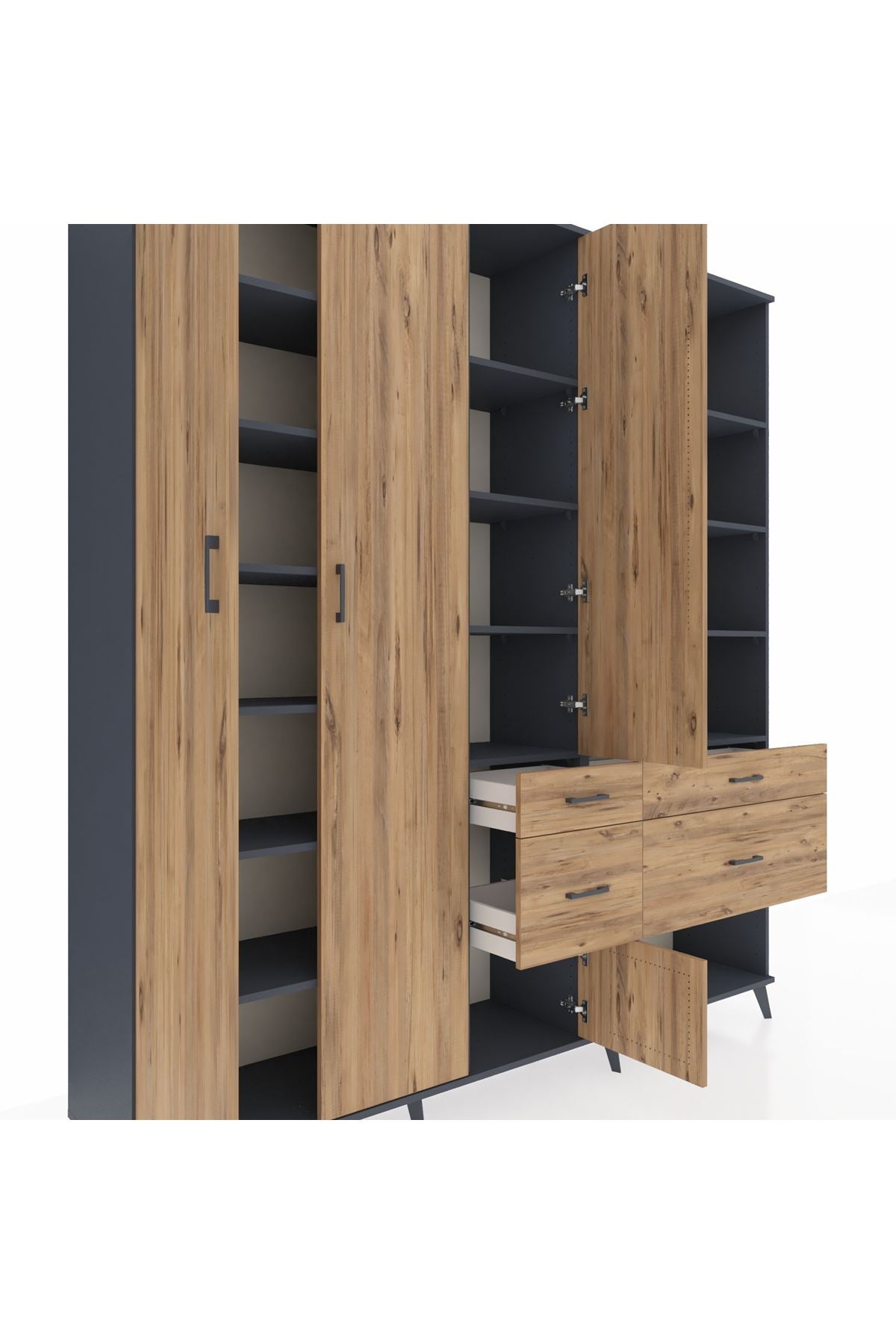 Hyperion Dolap 14 Raflı 4 Çekmeceli 4 Kapaklı 220x44x243 Antrasit-Çam/Çam