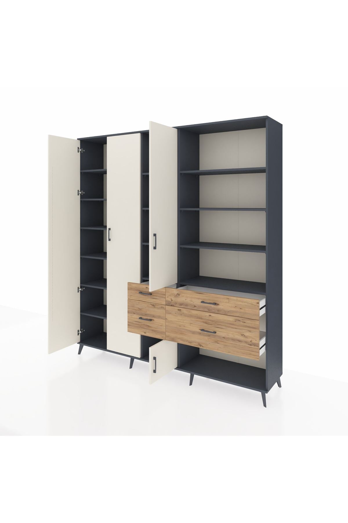 Hyperion Dolap 14 Raflı 4 Çekmeceli 4 Kapaklı 220x44x243 Antrasit-Aytaşı/Çam