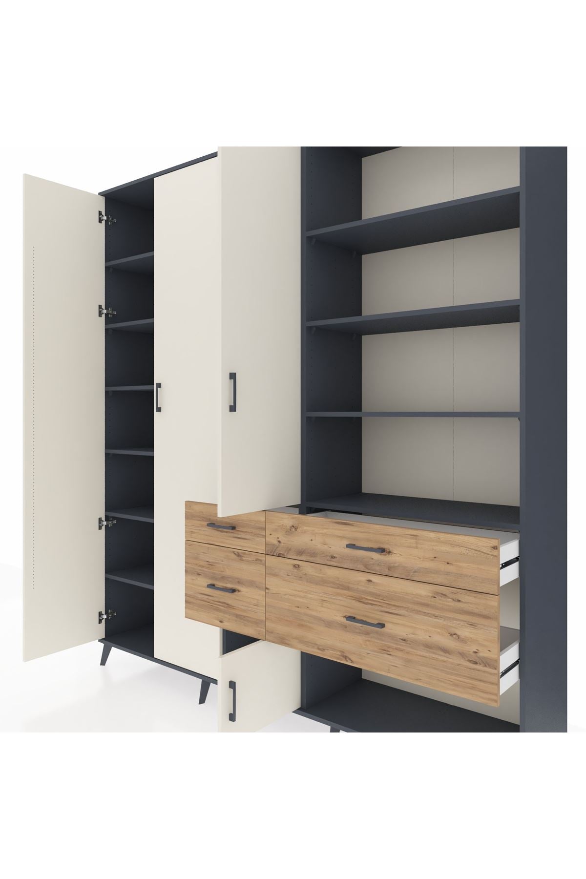 Hyperion Dolap 14 Raflı 4 Çekmeceli 4 Kapaklı 220x44x243 Antrasit-Aytaşı/Çam