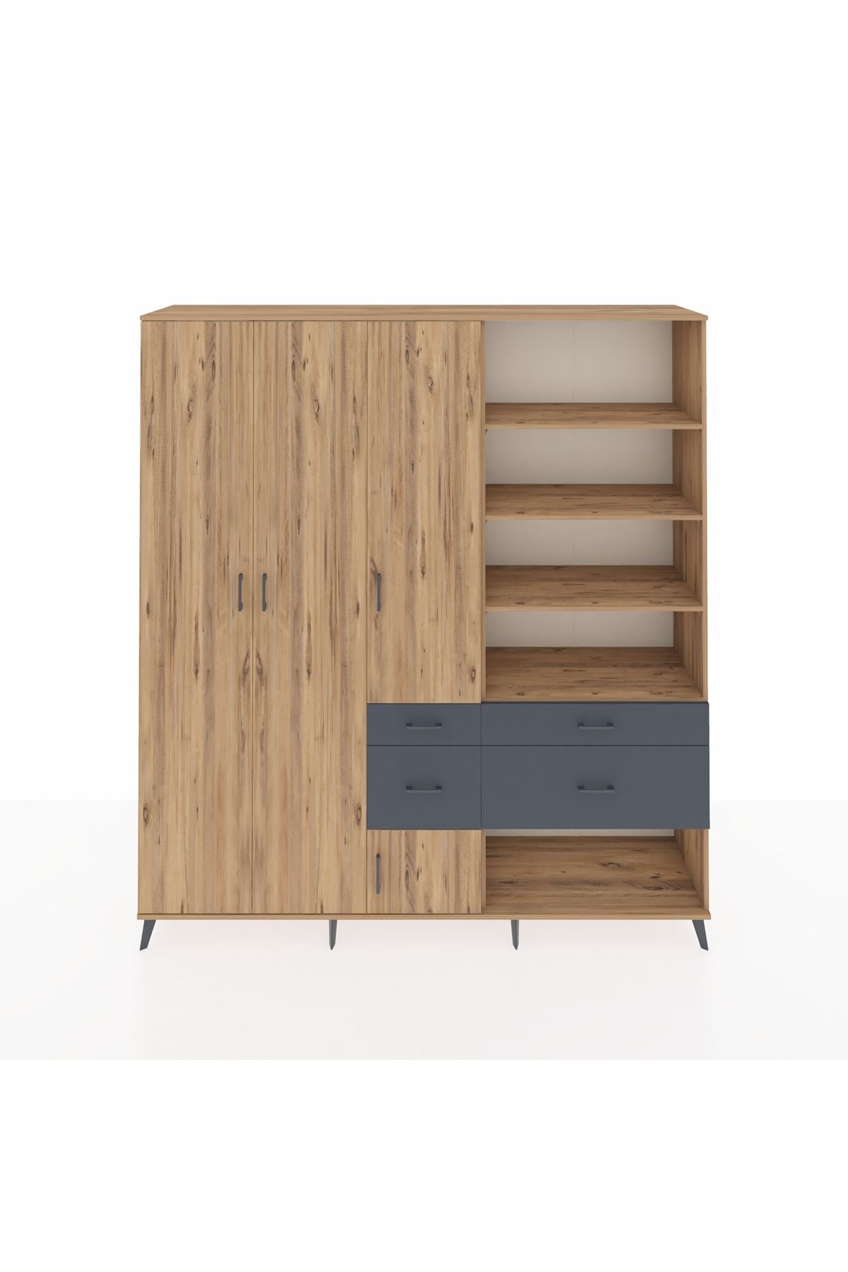 Hyperion Dolap 14 Raflı 4 Çekmeceli 4 Kapaklı 220x44x243 Çam-Çam/Antrasit