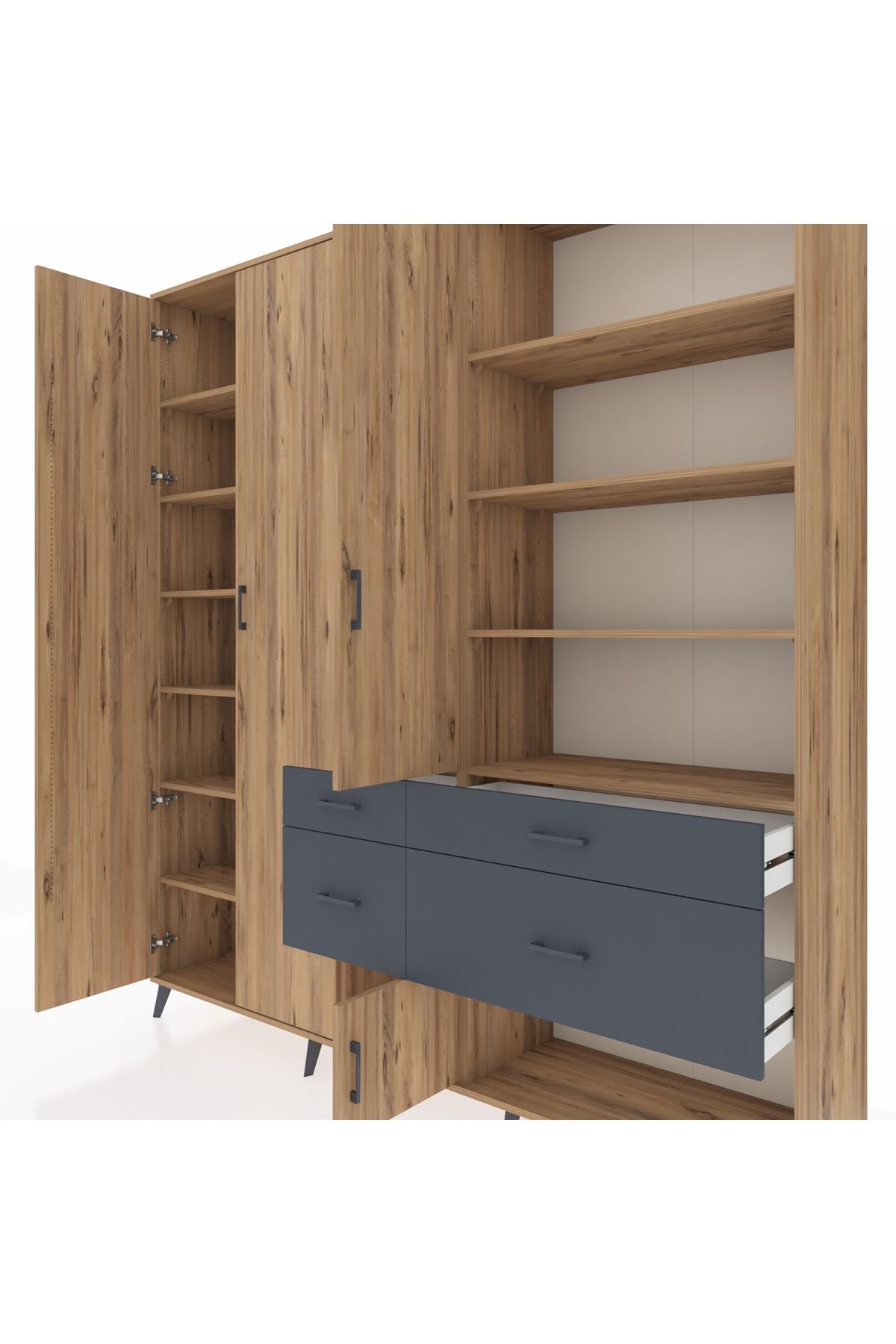 Hyperion Dolap 14 Raflı 4 Çekmeceli 4 Kapaklı 220x44x243 Çam-Çam/Antrasit