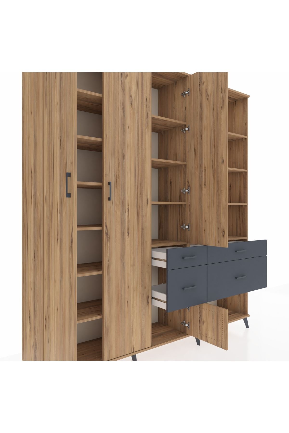 Hyperion Dolap 14 Raflı 4 Çekmeceli 4 Kapaklı 220x44x243 Çam-Çam/Antrasit