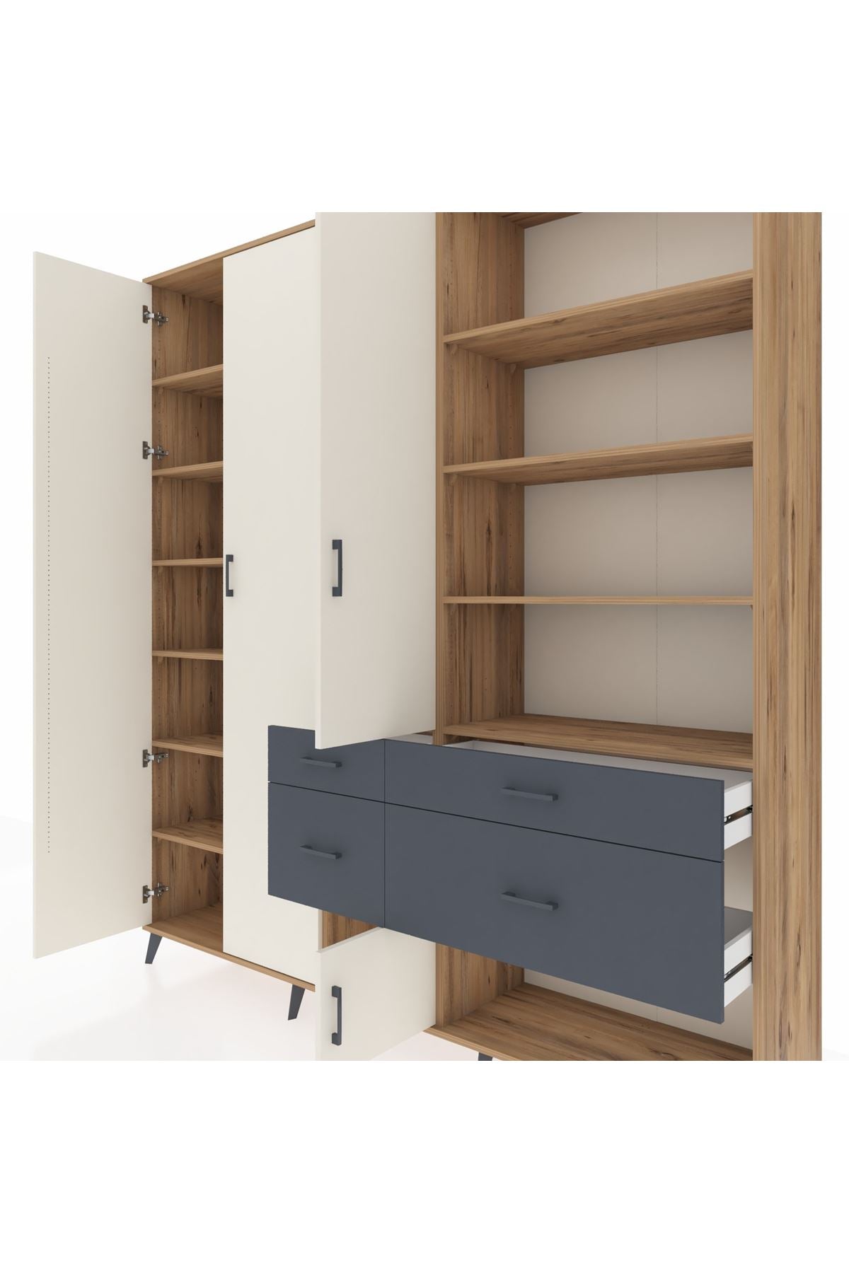 Hyperion Dolap 14 Raflı 4 Çekmeceli 4 Kapaklı 220x44x243 Çam-Aytaşı/Antrasit