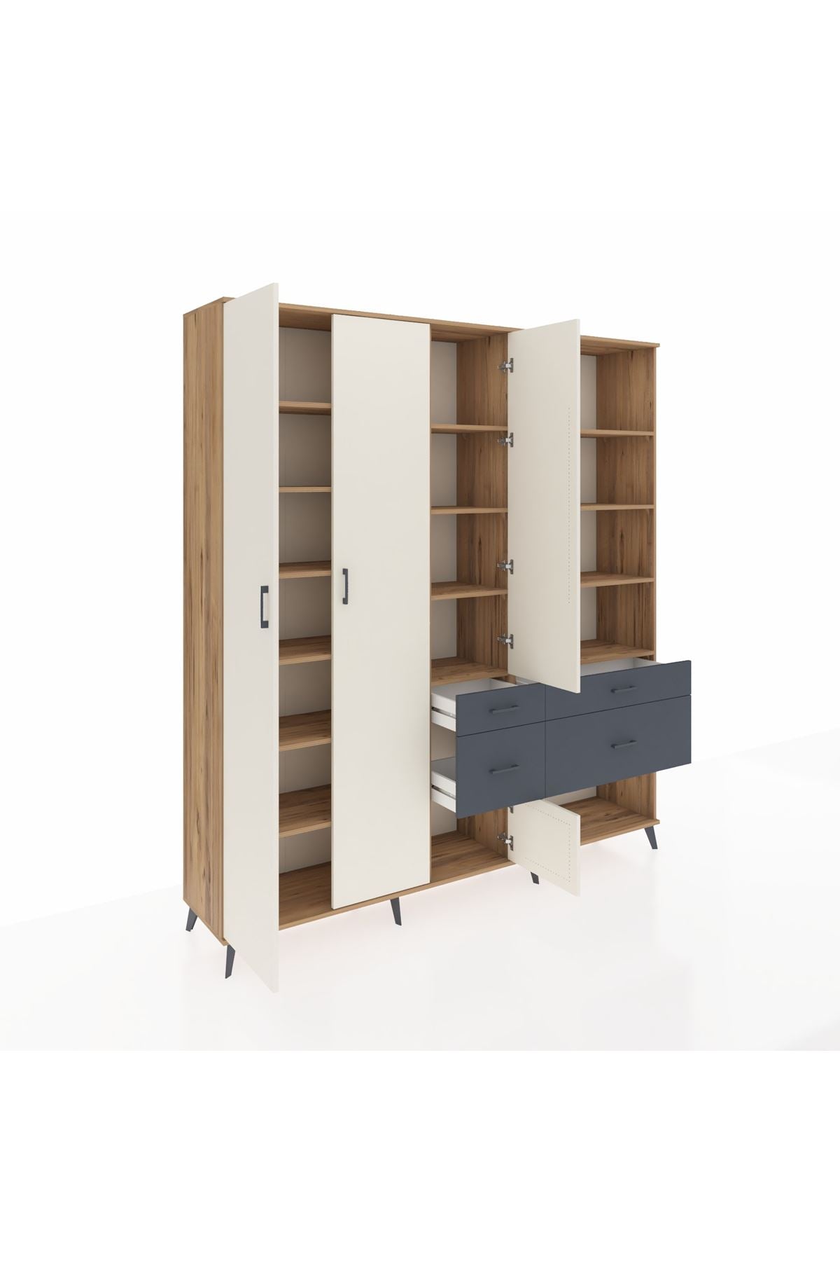 Hyperion Dolap 14 Raflı 4 Çekmeceli 4 Kapaklı 220x44x243 Çam-Aytaşı/Antrasit