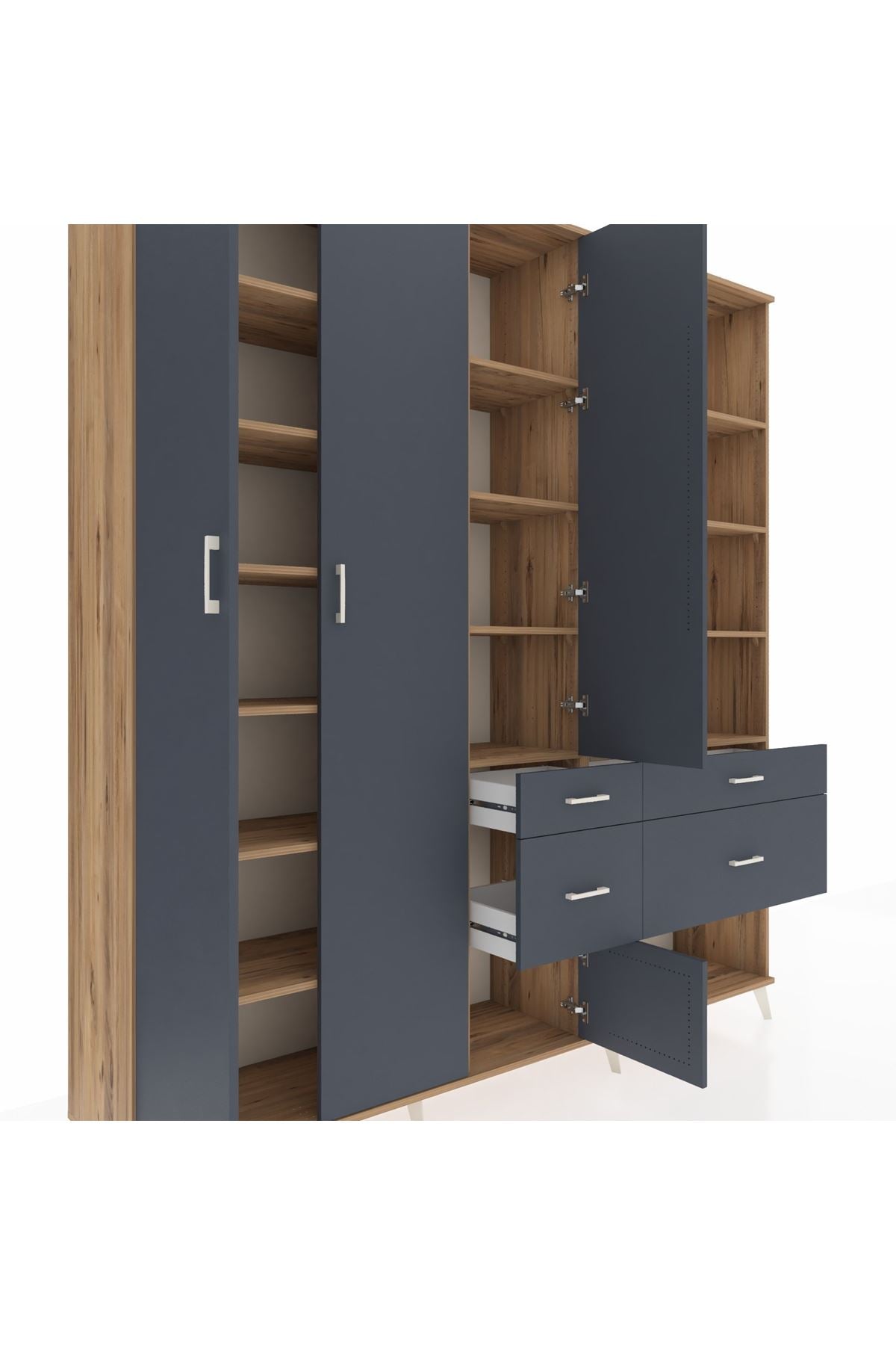 Hyperion Dolap 14 Raflı 4 Çekmeceli 4 Kapaklı 220x44x243 Çam-Antrasit/Antrasit