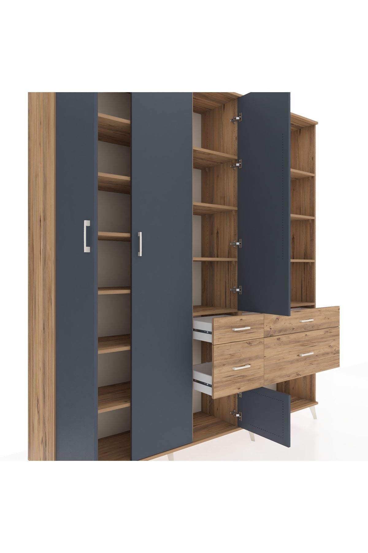 Hyperion Dolap 14 Raflı 4 Çekmeceli 4 Kapaklı 220x44x243 Çam-Antrasit/Çam