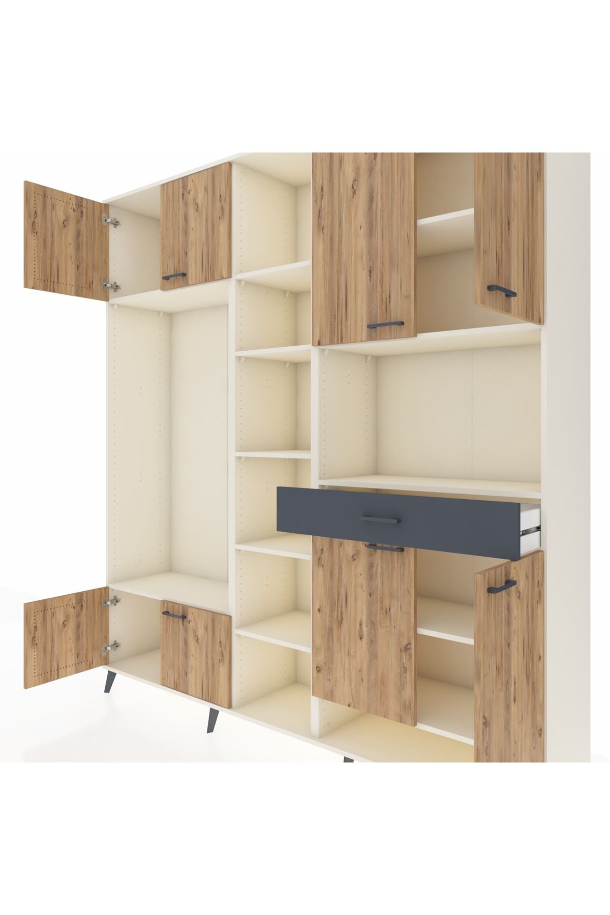 Hyperion Dolap 12 Raflı Tek Çekmeceli 8 Kapaklı 220x44x243 Aytaşı-Çam/Antrasit