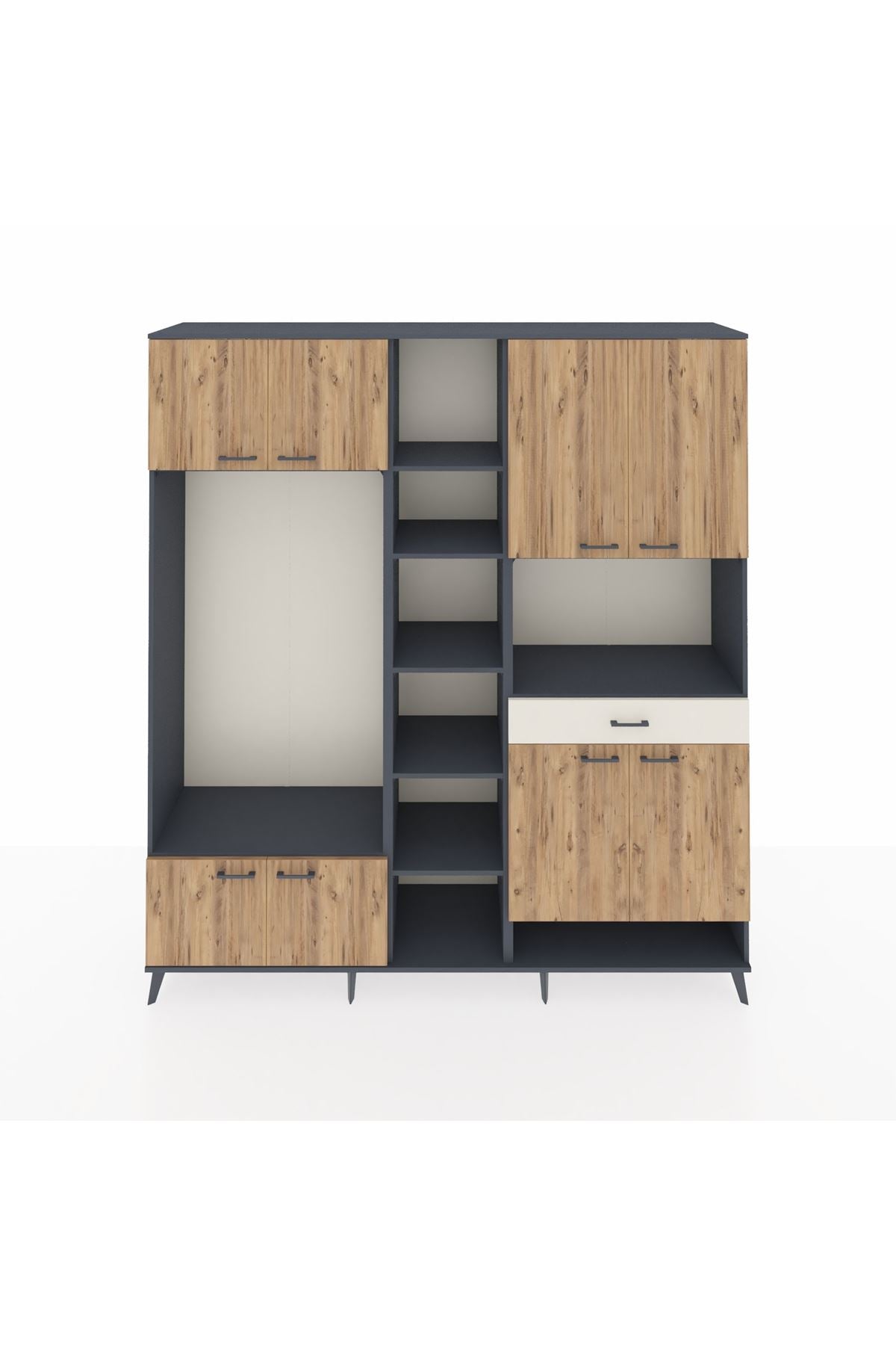 Hyperion Dolap 12 Raflı Tek Çekmeceli 8 Kapaklı 220x44x243 Antrasit-Çam/Aytaşı