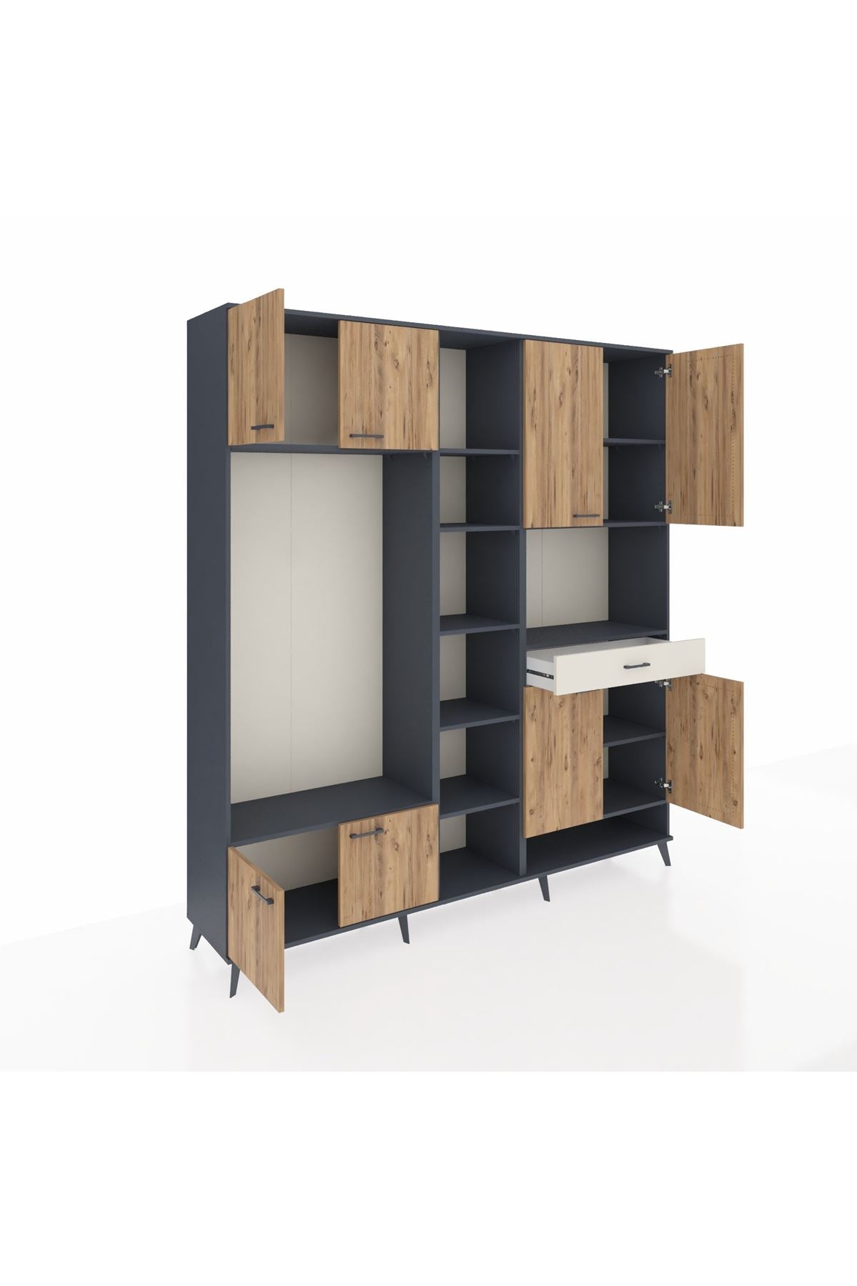 Hyperion Dolap 12 Raflı Tek Çekmeceli 8 Kapaklı 220x44x243 Antrasit-Çam/Aytaşı