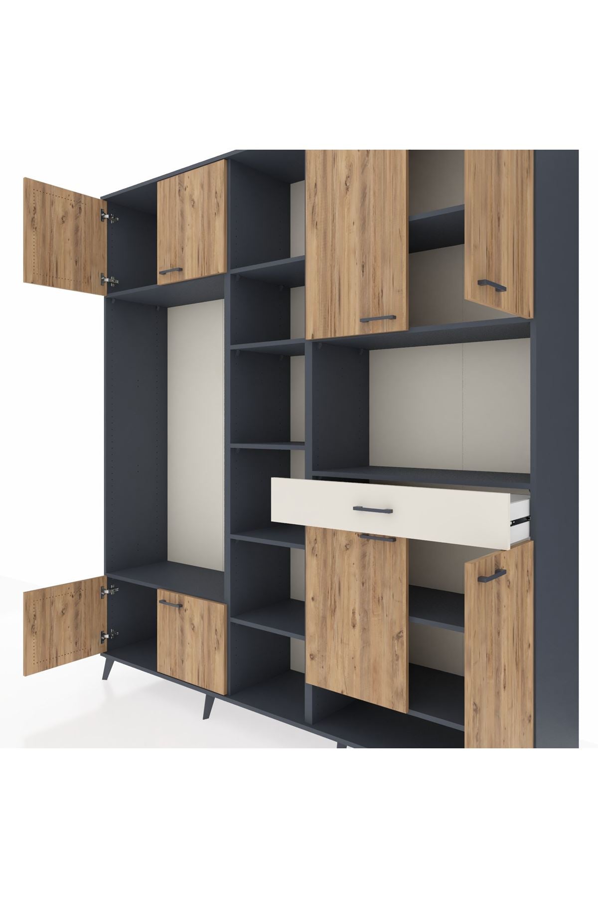 Hyperion Dolap 12 Raflı Tek Çekmeceli 8 Kapaklı 220x44x243 Antrasit-Çam/Aytaşı