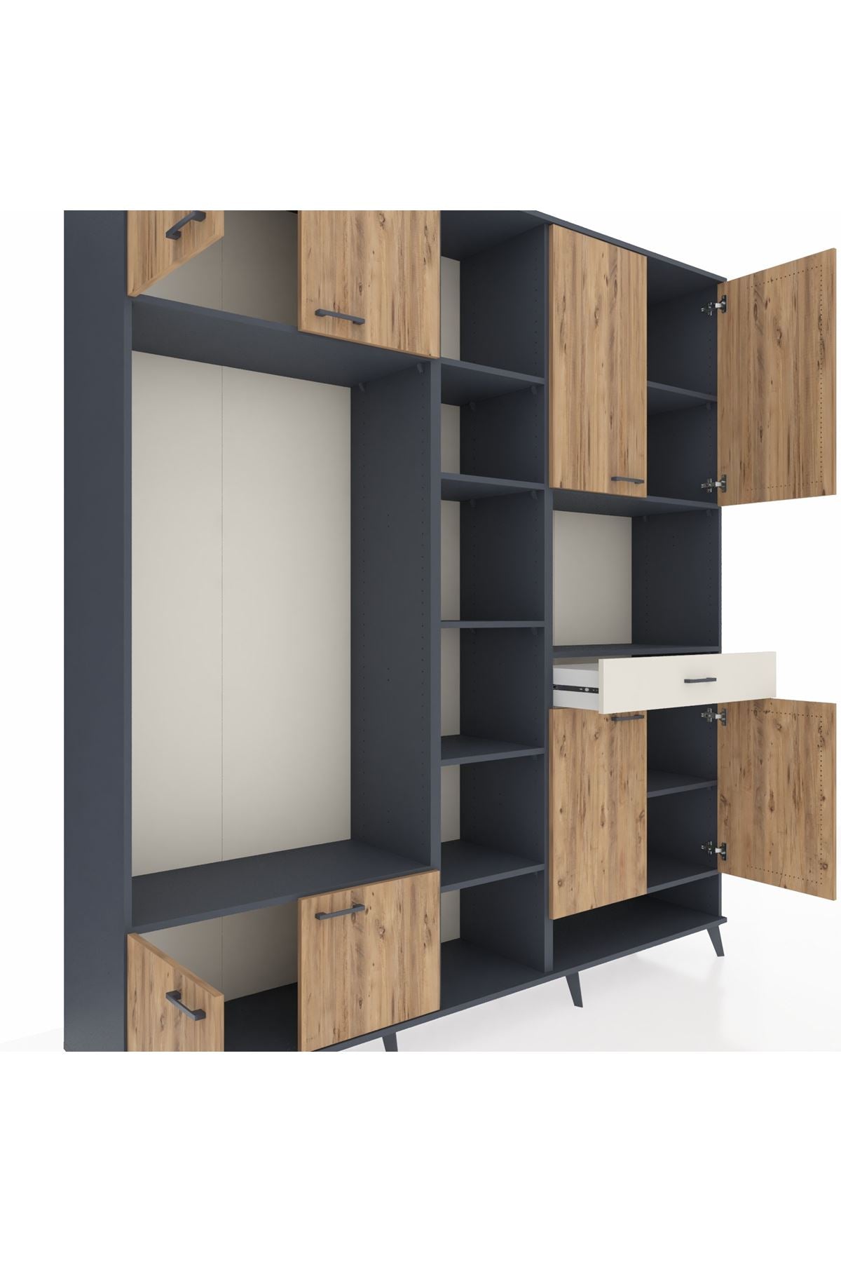 Hyperion Dolap 12 Raflı Tek Çekmeceli 8 Kapaklı 220x44x243 Antrasit-Çam/Aytaşı