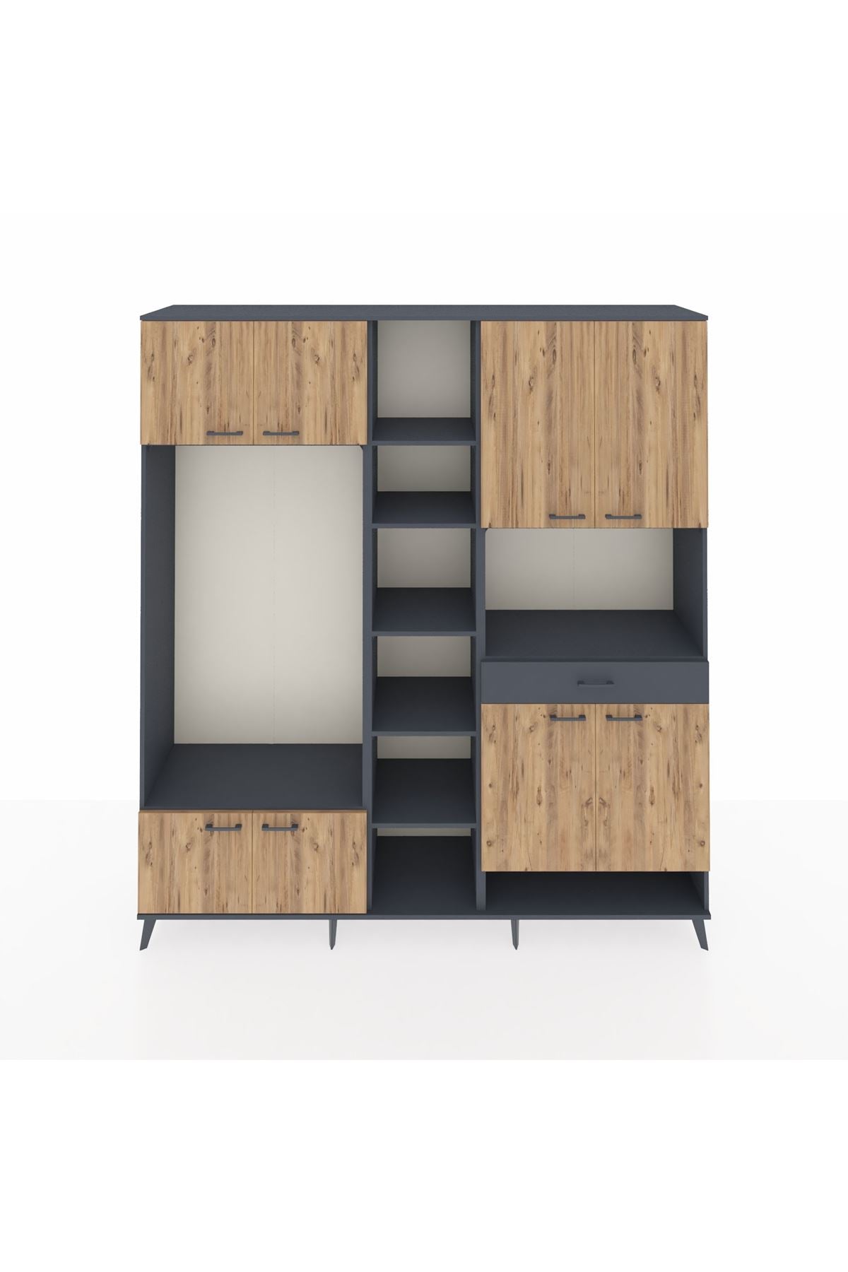 Hyperion Dolap 12 Raflı Tek Çekmeceli 8 Kapaklı 220x44x243 Antrasit-Çam/Antrasit