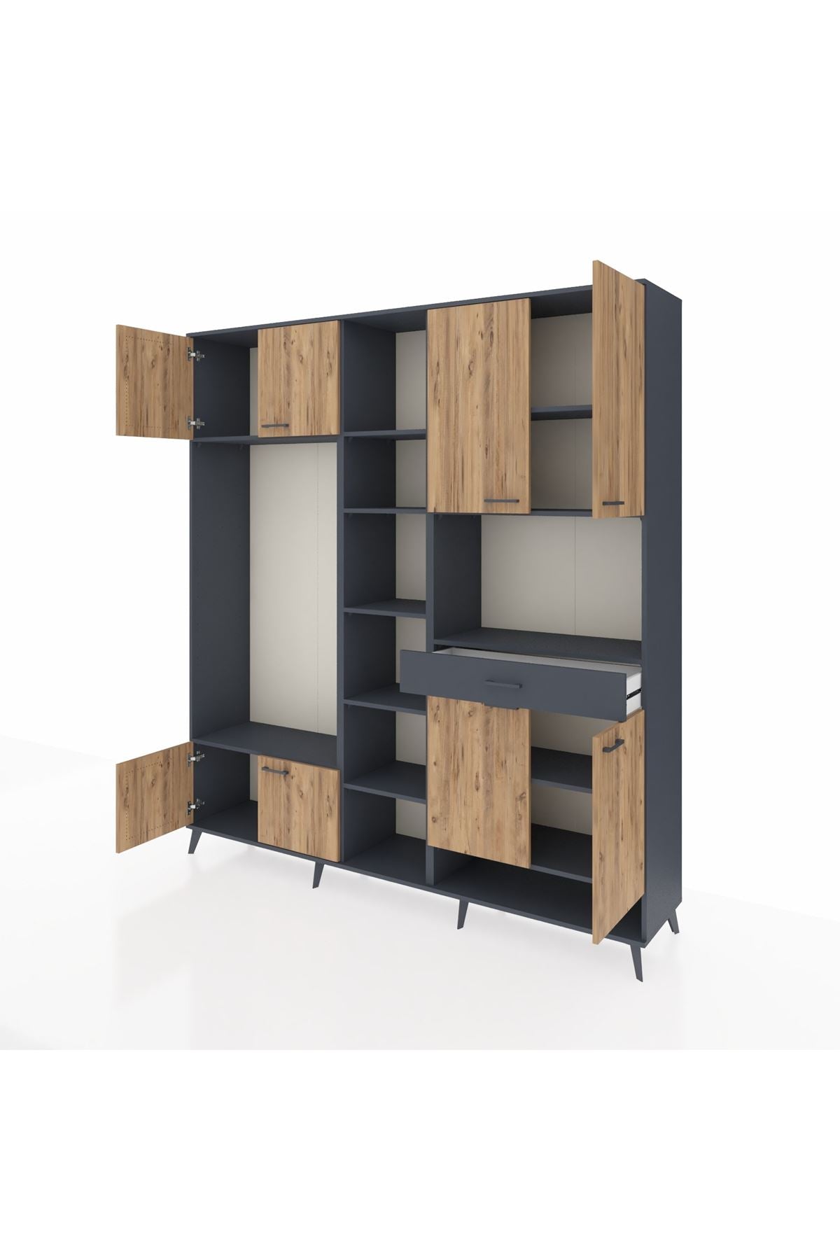 Hyperion Dolap 12 Raflı Tek Çekmeceli 8 Kapaklı 220x44x243 Antrasit-Çam/Antrasit