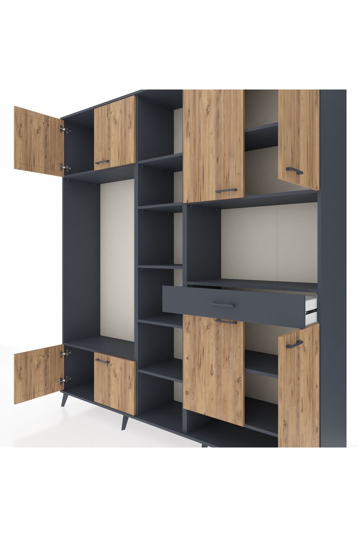 Hyperion Dolap 12 Raflı Tek Çekmeceli 8 Kapaklı 220x44x243 Antrasit-Çam/Antrasit