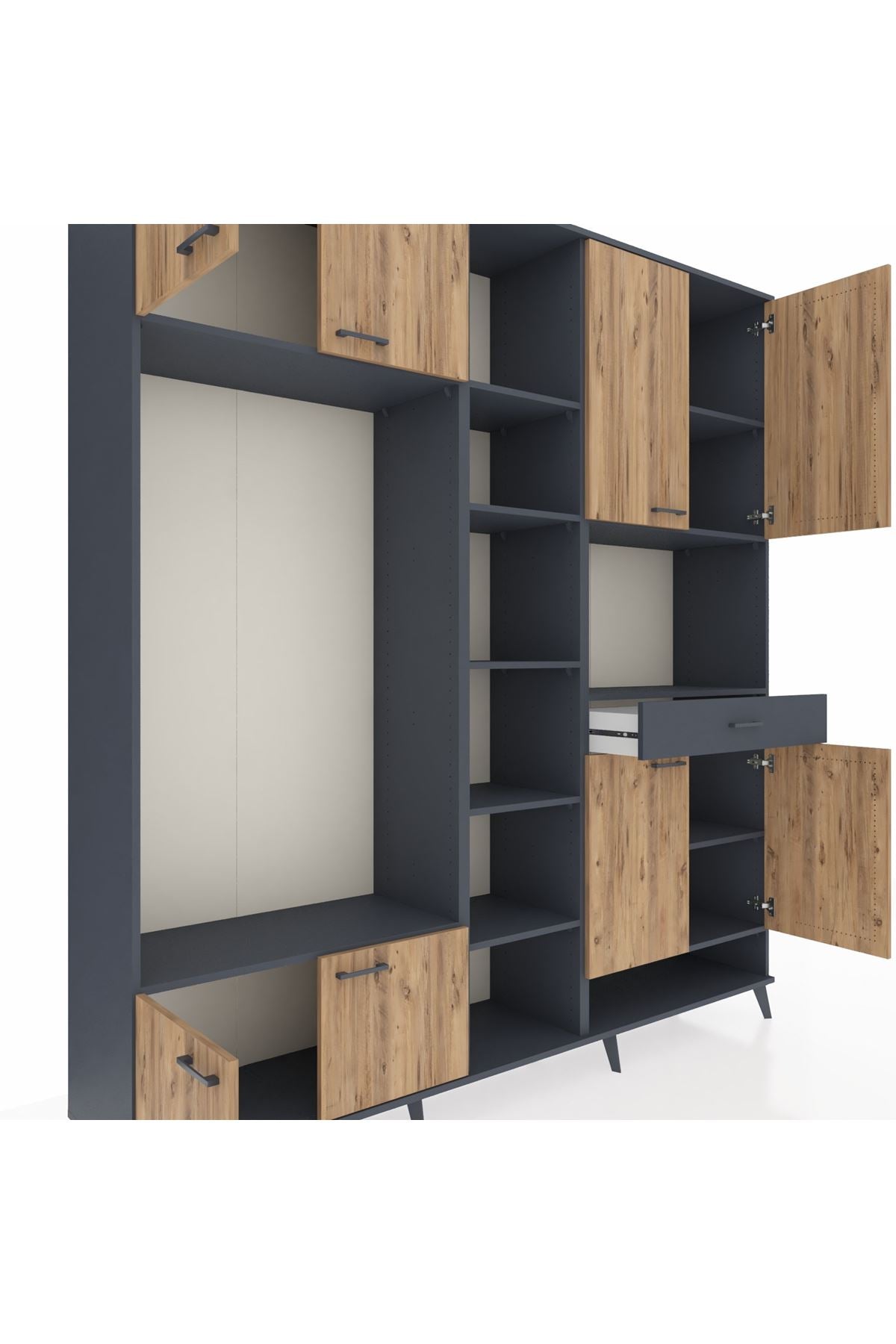 Hyperion Dolap 12 Raflı Tek Çekmeceli 8 Kapaklı 220x44x243 Antrasit-Çam/Antrasit