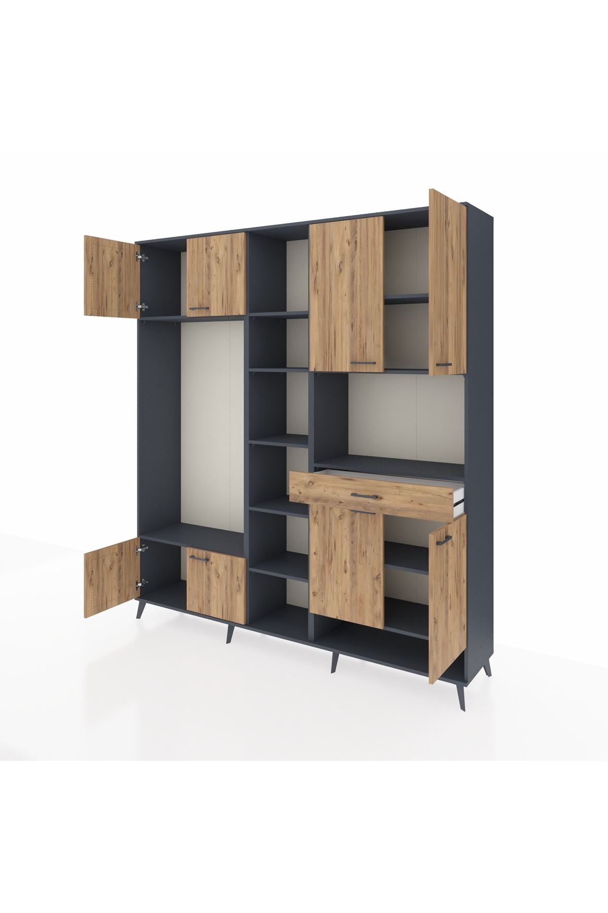 Hyperion Dolap 12 Raflı Tek Çekmeceli 8 Kapaklı 220x44x243 Antrasit-Çam/Çam