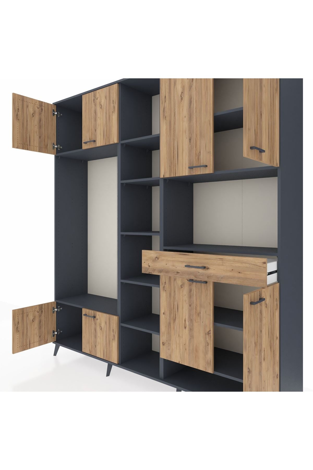 Hyperion Dolap 12 Raflı Tek Çekmeceli 8 Kapaklı 220x44x243 Antrasit-Çam/Çam