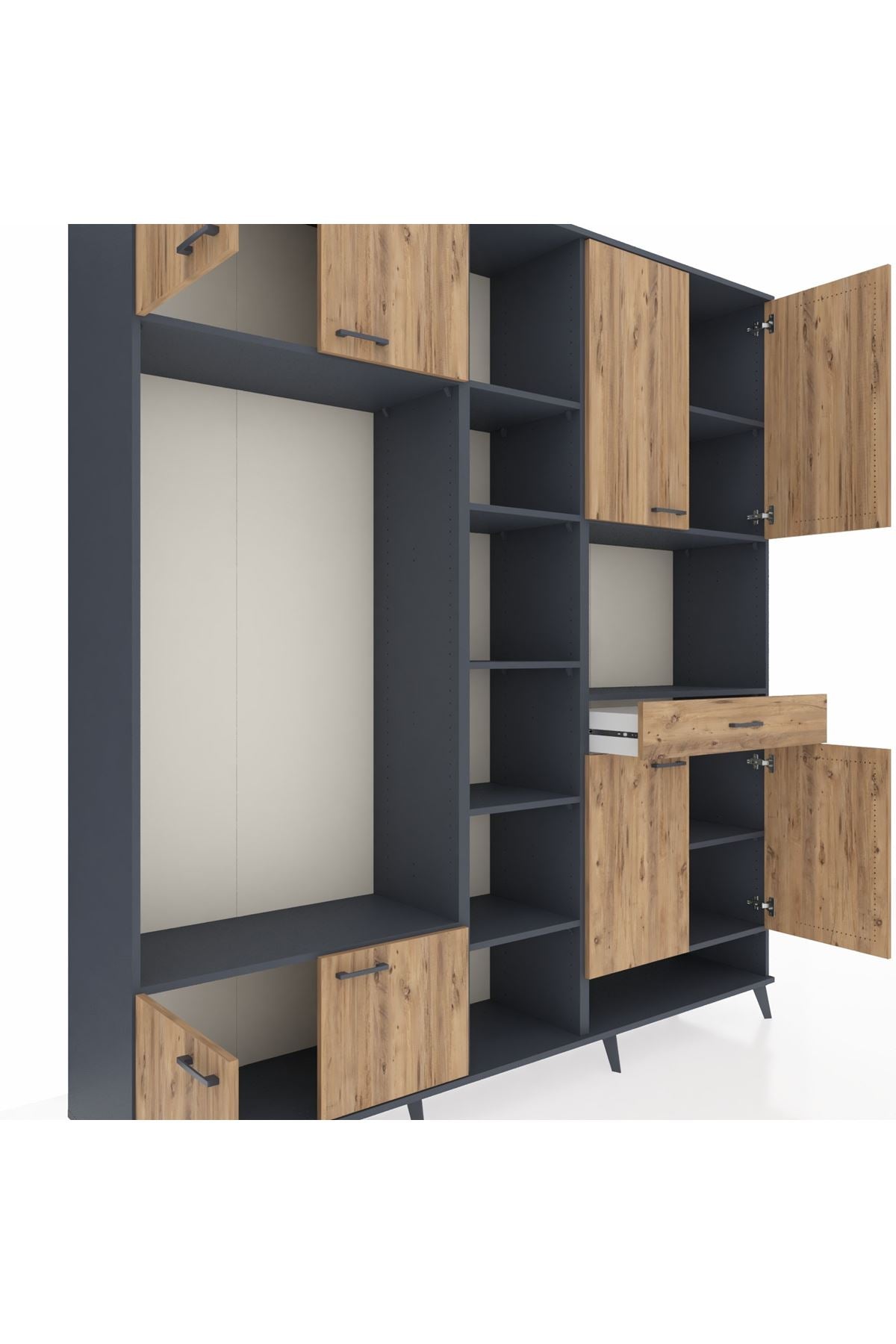 Hyperion Dolap 12 Raflı Tek Çekmeceli 8 Kapaklı 220x44x243 Antrasit-Çam/Çam