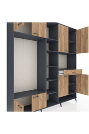 Hyperion Dolap 12 Raflı Tek Çekmeceli 8 Kapaklı 220x44x243 Antrasit-Çam/Çam