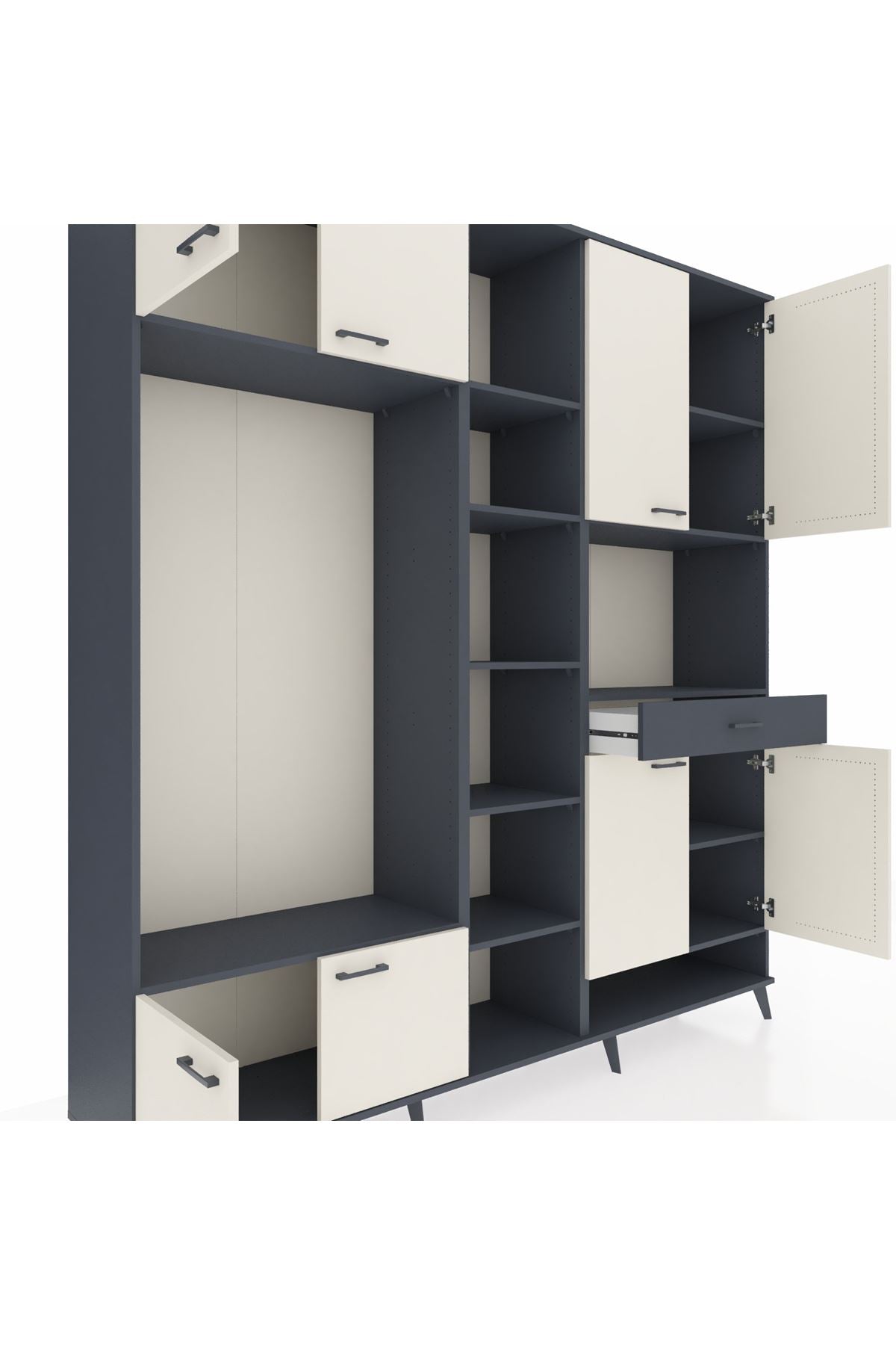 Hyperion Dolap 12 Raflı Tek Çekmeceli 8 Kapaklı 220x44x243 Antrasit-Aytaşı/Antrasit