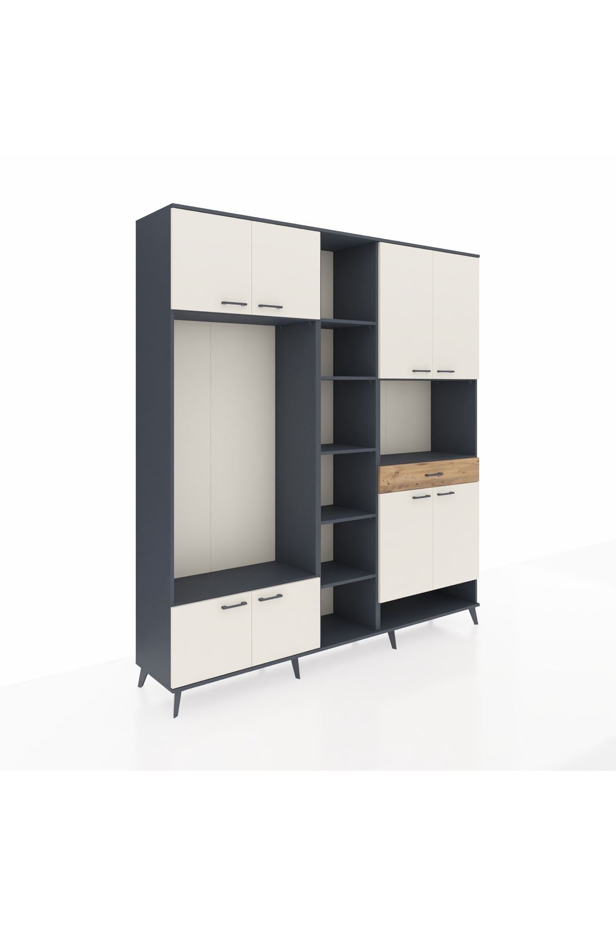 Hyperion Dolap 12 Raflı Tek Çekmeceli 8 Kapaklı 220x44x243 Antrasit-Aytaşı/Çam