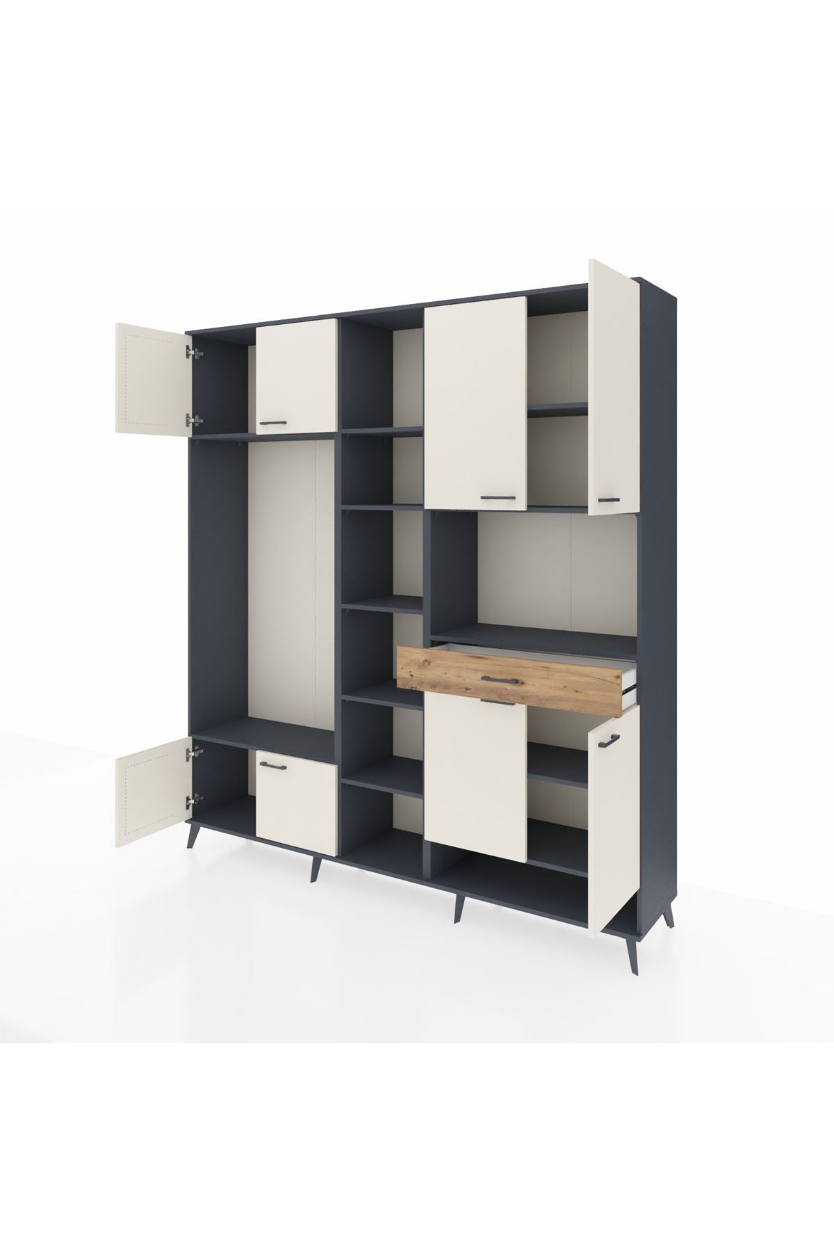 Hyperion Dolap 12 Raflı Tek Çekmeceli 8 Kapaklı 220x44x243 Antrasit-Aytaşı/Çam