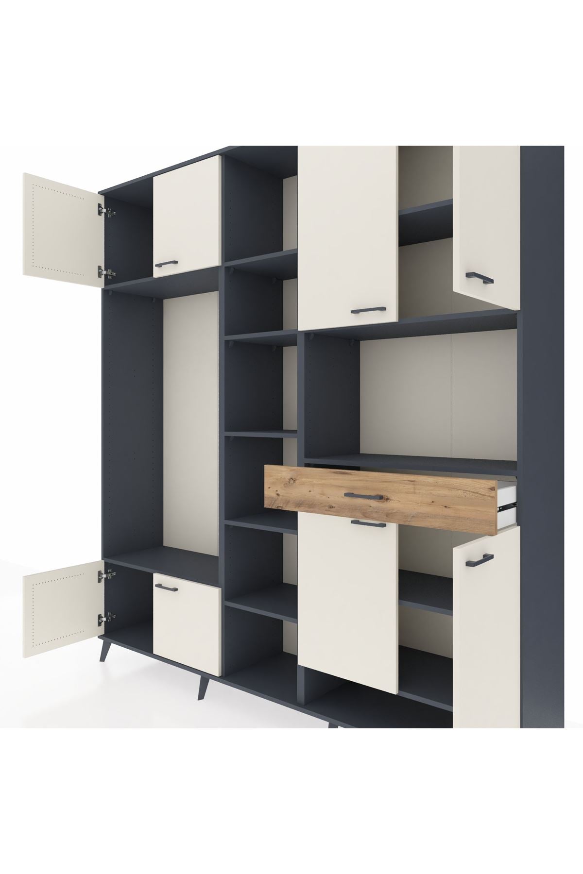 Hyperion Dolap 12 Raflı Tek Çekmeceli 8 Kapaklı 220x44x243 Antrasit-Aytaşı/Çam