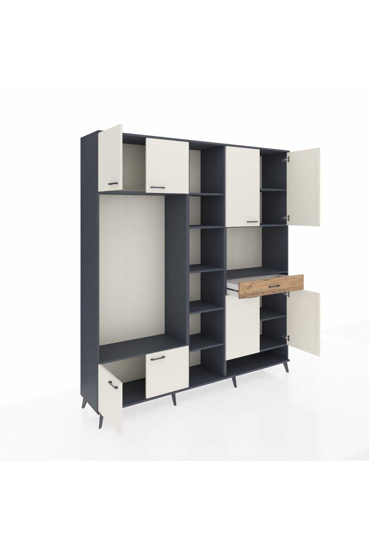 Hyperion Dolap 12 Raflı Tek Çekmeceli 8 Kapaklı 220x44x243 Antrasit-Aytaşı/Çam