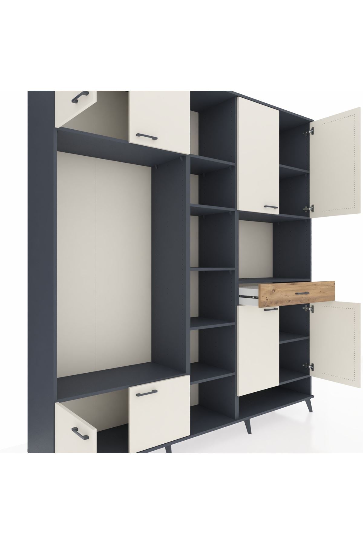 Hyperion Dolap 12 Raflı Tek Çekmeceli 8 Kapaklı 220x44x243 Antrasit-Aytaşı/Çam