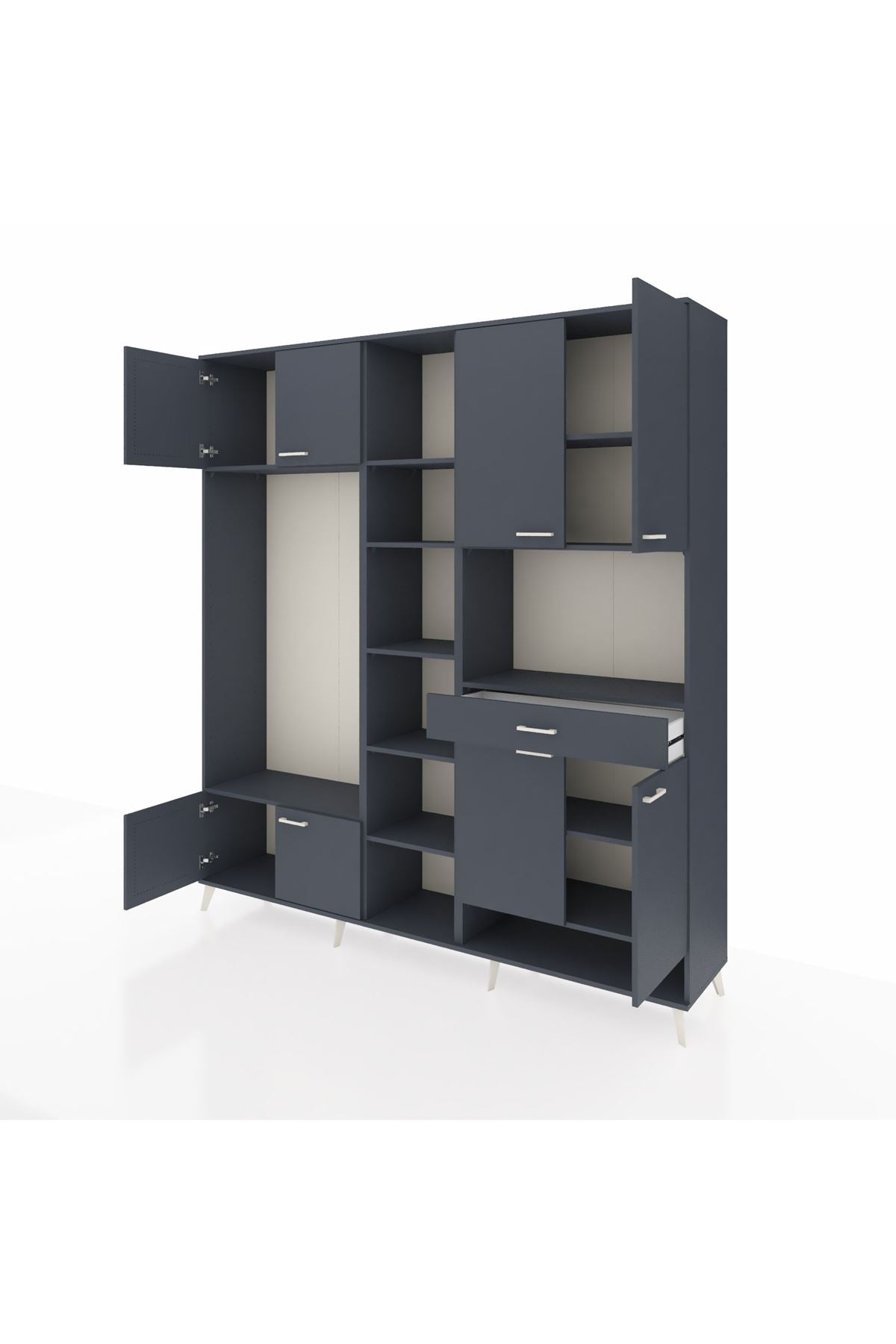 Hyperion Dolap 12 Raflı Tek Çekmeceli 8 Kapaklı 220x44x243 Antrasit-Antrasit/Antrasit