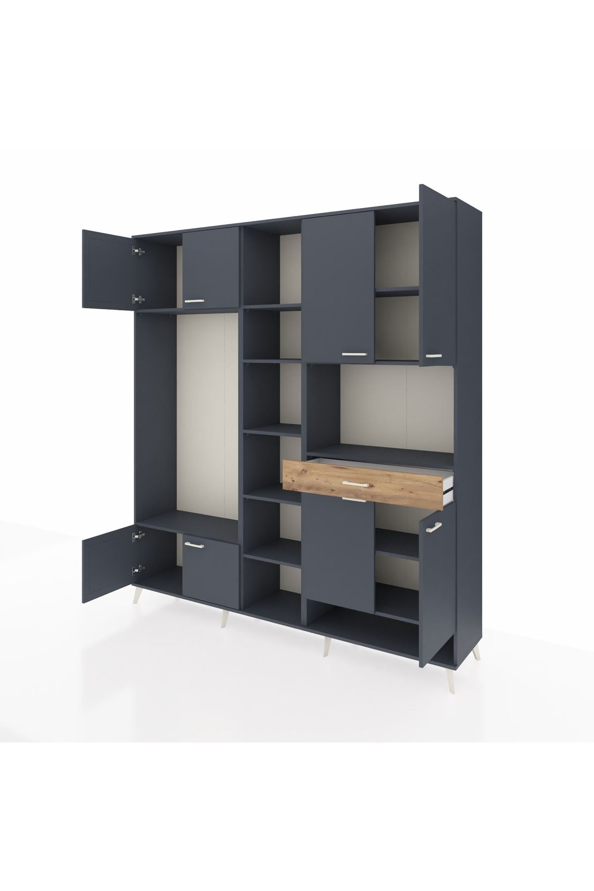 Hyperion Dolap 12 Raflı Tek Çekmeceli 8 Kapaklı 220x44x243 Antrasit-Antrasit/Çam