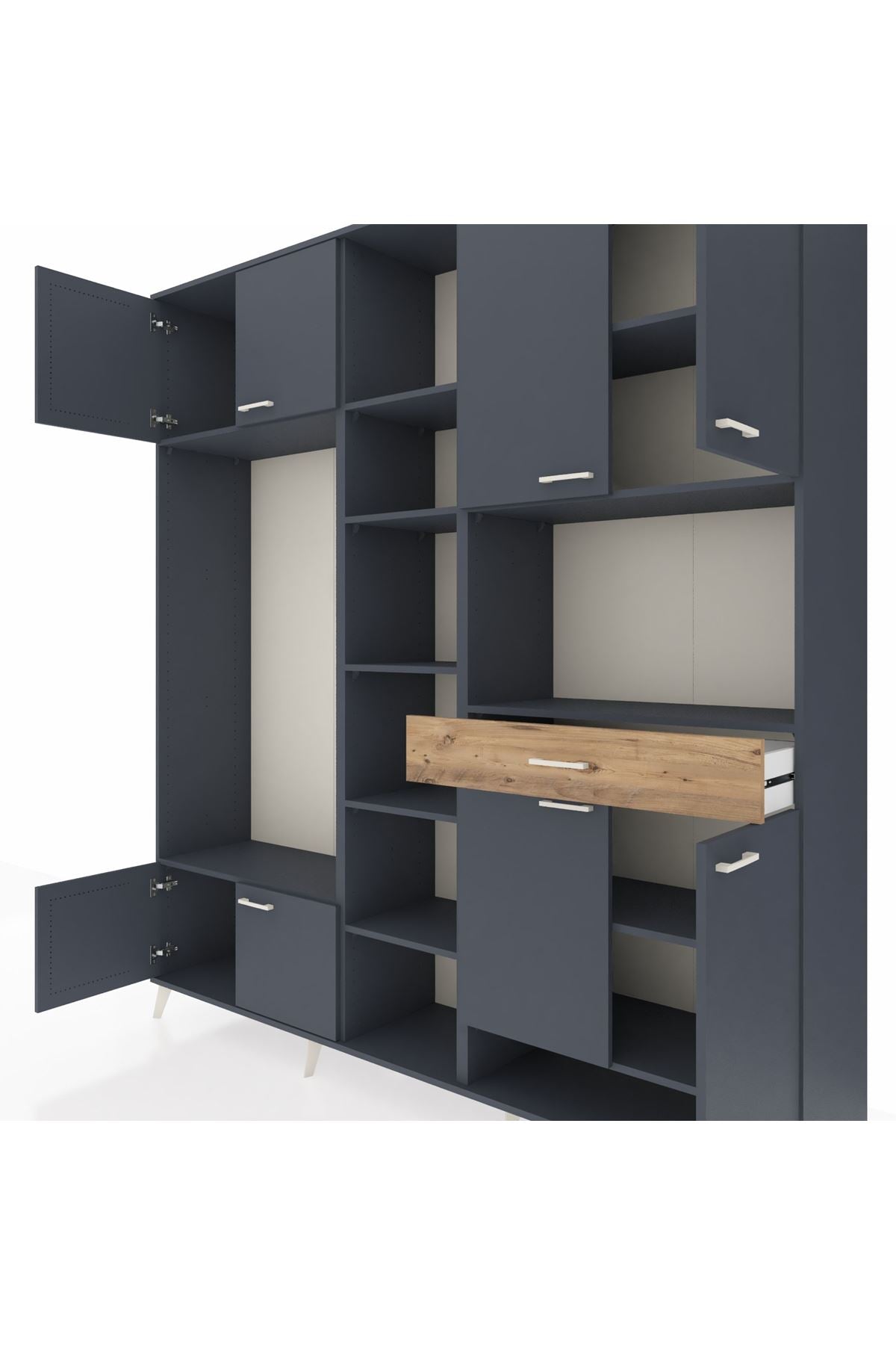 Hyperion Dolap 12 Raflı Tek Çekmeceli 8 Kapaklı 220x44x243 Antrasit-Antrasit/Çam