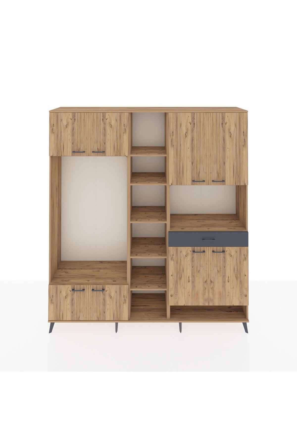 Hyperion Dolap 12 Raflı Tek Çekmeceli 8 Kapaklı 220x44x243 Çam-Çam/Antrasit