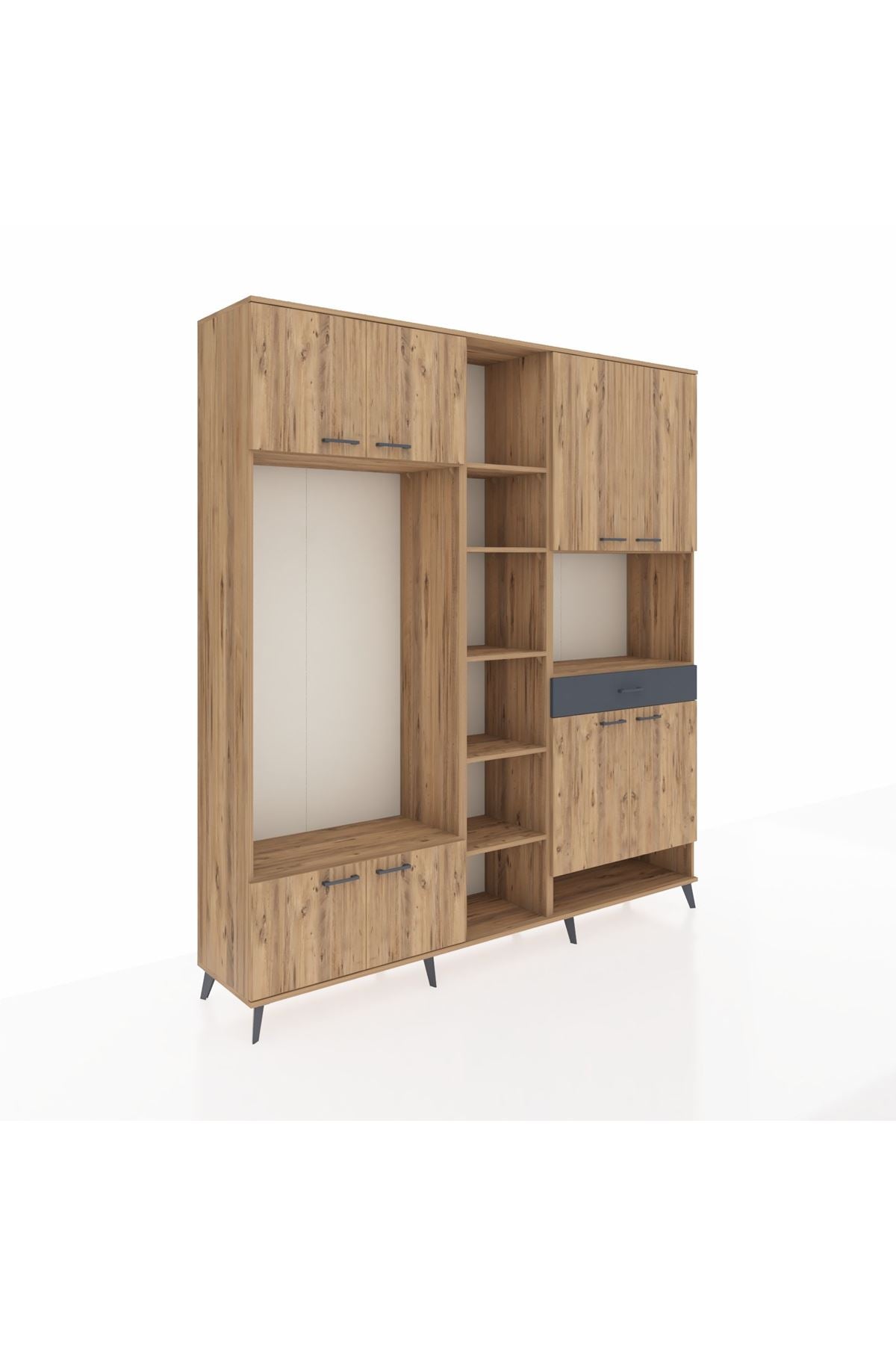 Hyperion Dolap 12 Raflı Tek Çekmeceli 8 Kapaklı 220x44x243 Çam-Çam/Antrasit