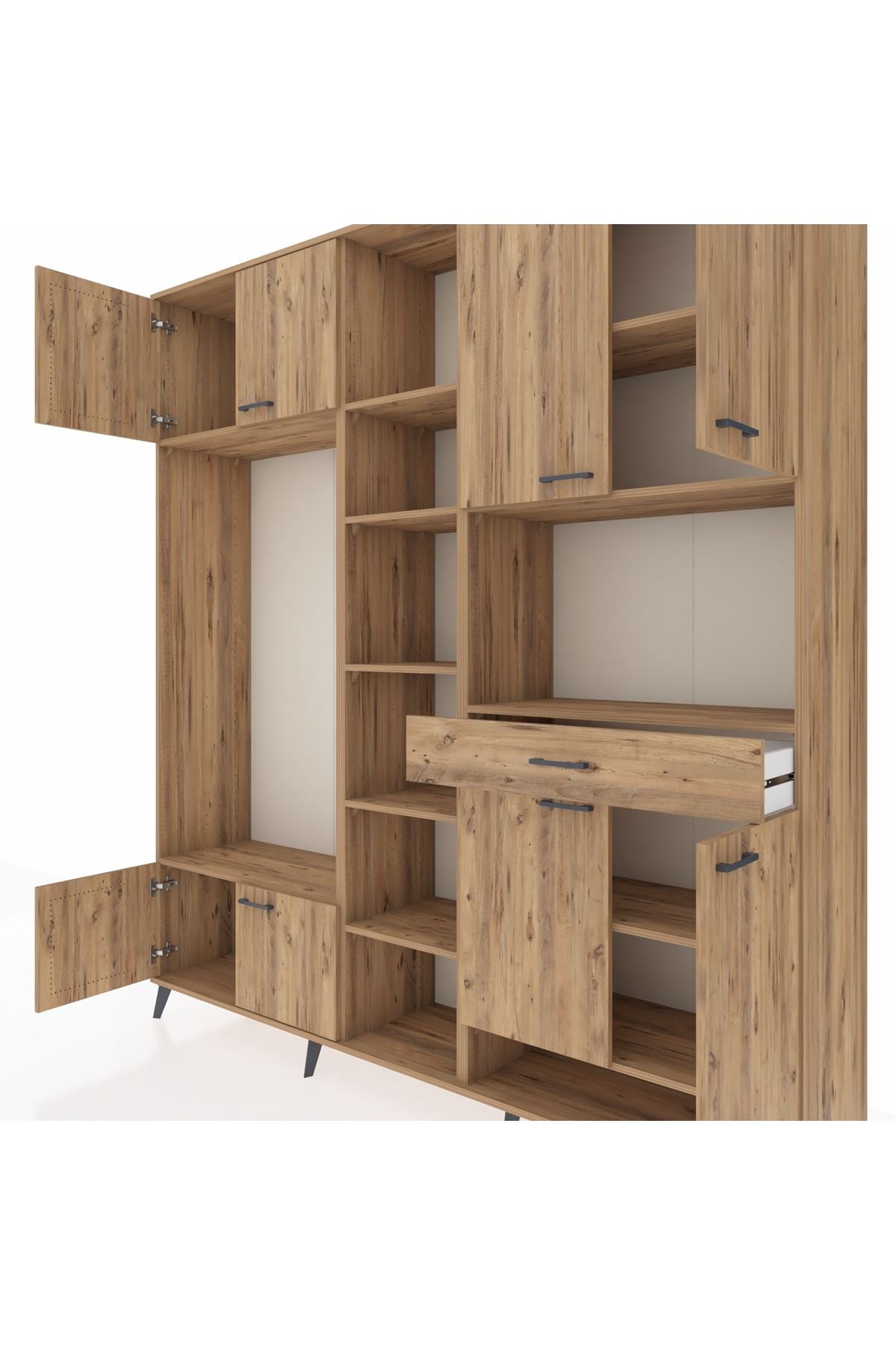 Hyperion Dolap 12 Raflı Tek Çekmeceli 8 Kapaklı 220x44x243 Çam-Çam/Çam