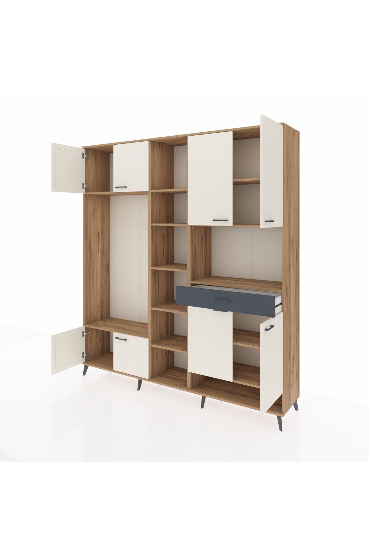 Hyperion Dolap 12 Raflı Tek Çekmeceli 8 Kapaklı 220x44x243 Çam-Aytaşı/Antrasit